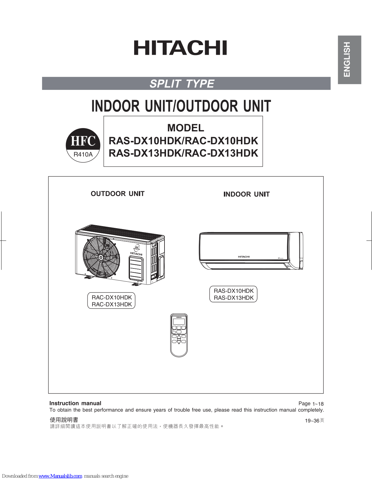 Hitachi RAS-DX10HDK, RAS-DX13HDK, RAC-DX10HDK, RAC-DX13HDK Instruction Manual