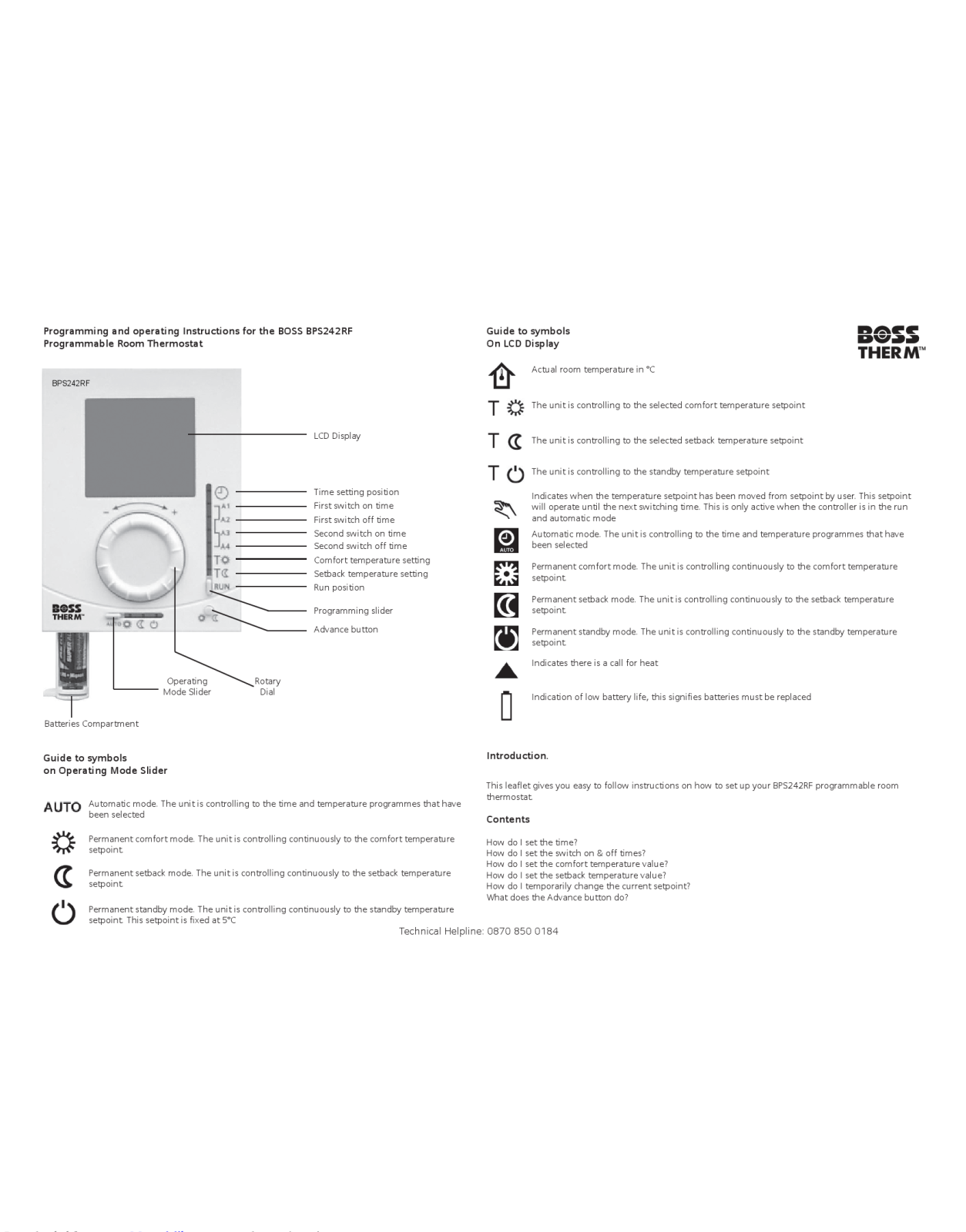 BOSS BPS242RF Programming and operating instructions