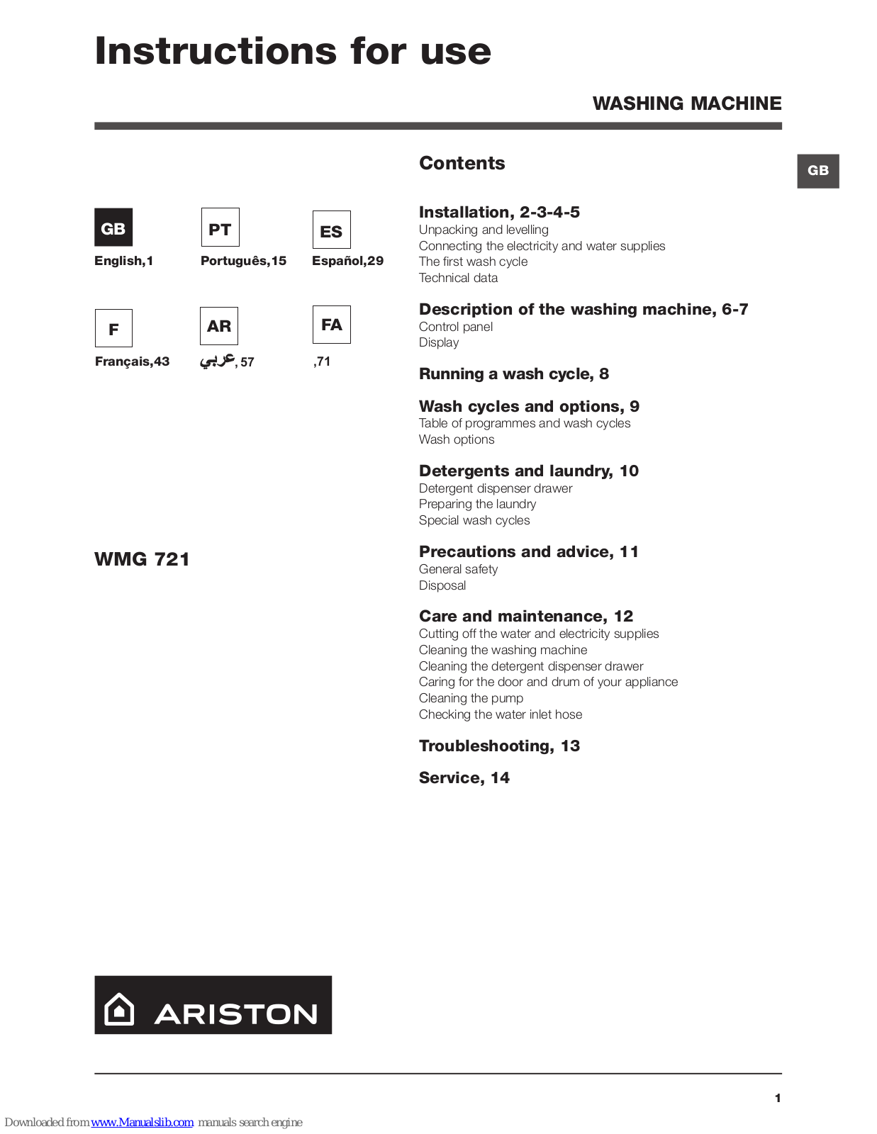 Hotpoint Ariston WMG 721 Instructions For Use Manual