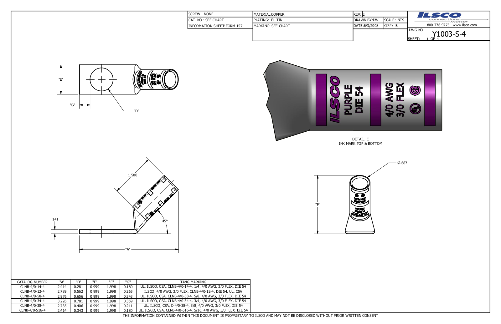 Ilsco CLNB-4/0-12-4 Data sheet