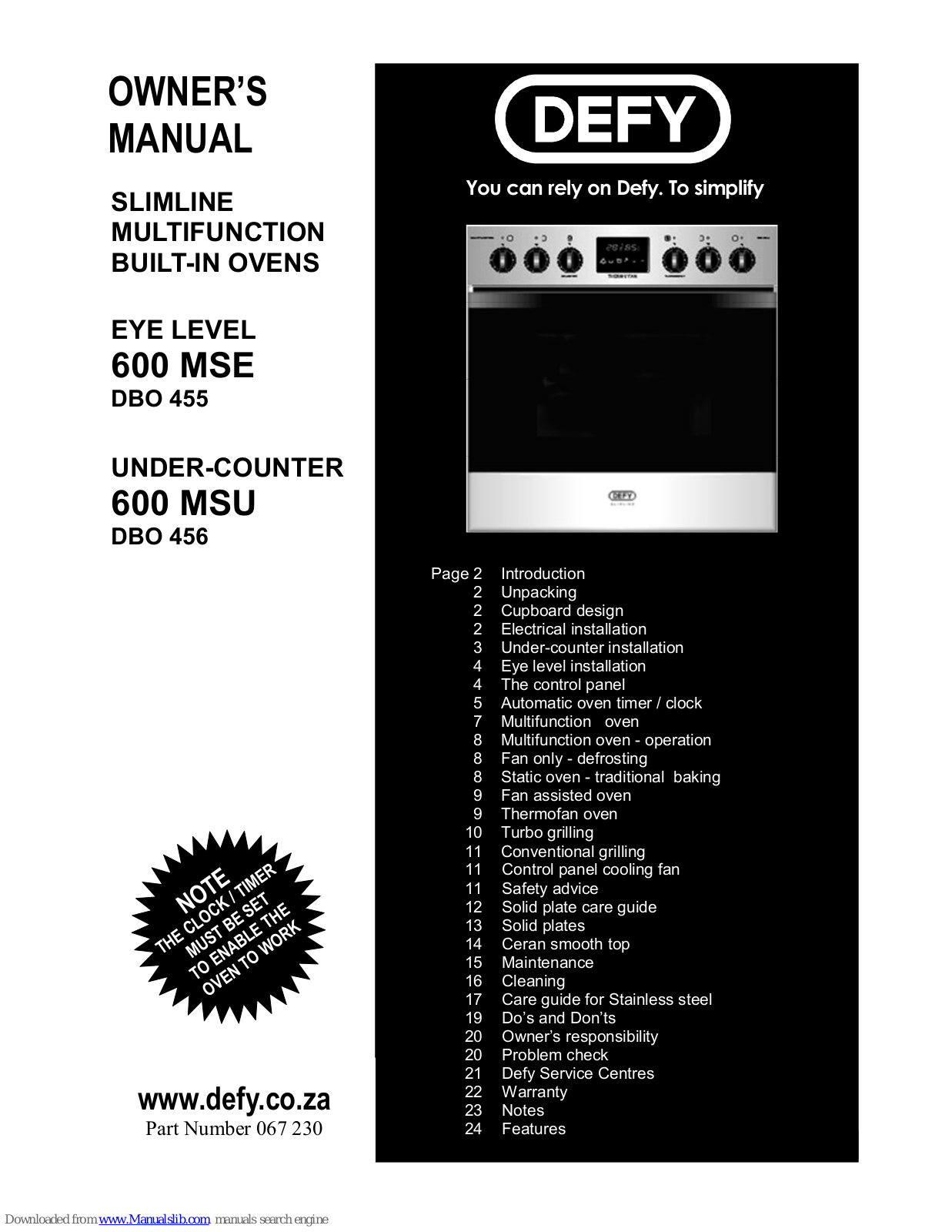 Defy 600 MSE - DBO 455, 600 MSU - BDO 456, Slimline 600 MSE, DBO 455, Slimline 600 MSU Owner's Manual