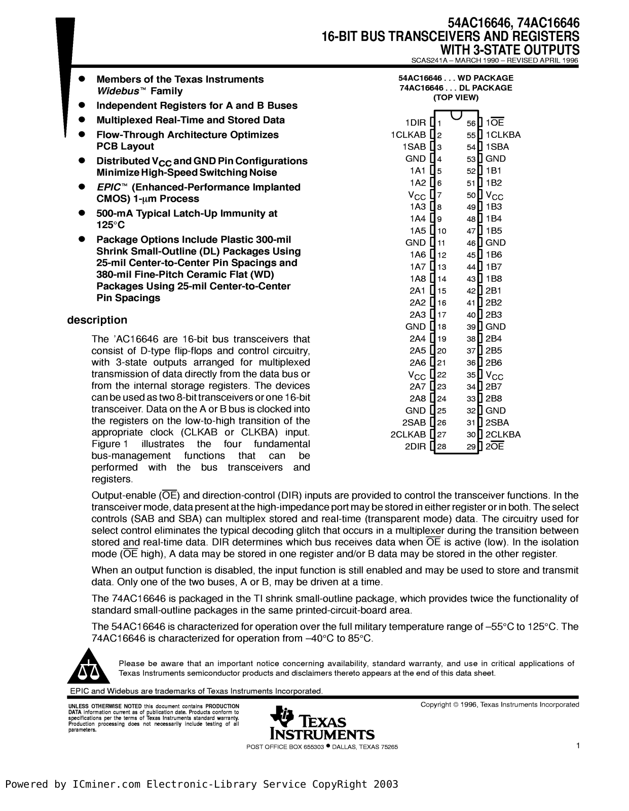 TEXAS INSTRUMENTS 54AC16646 Technical data