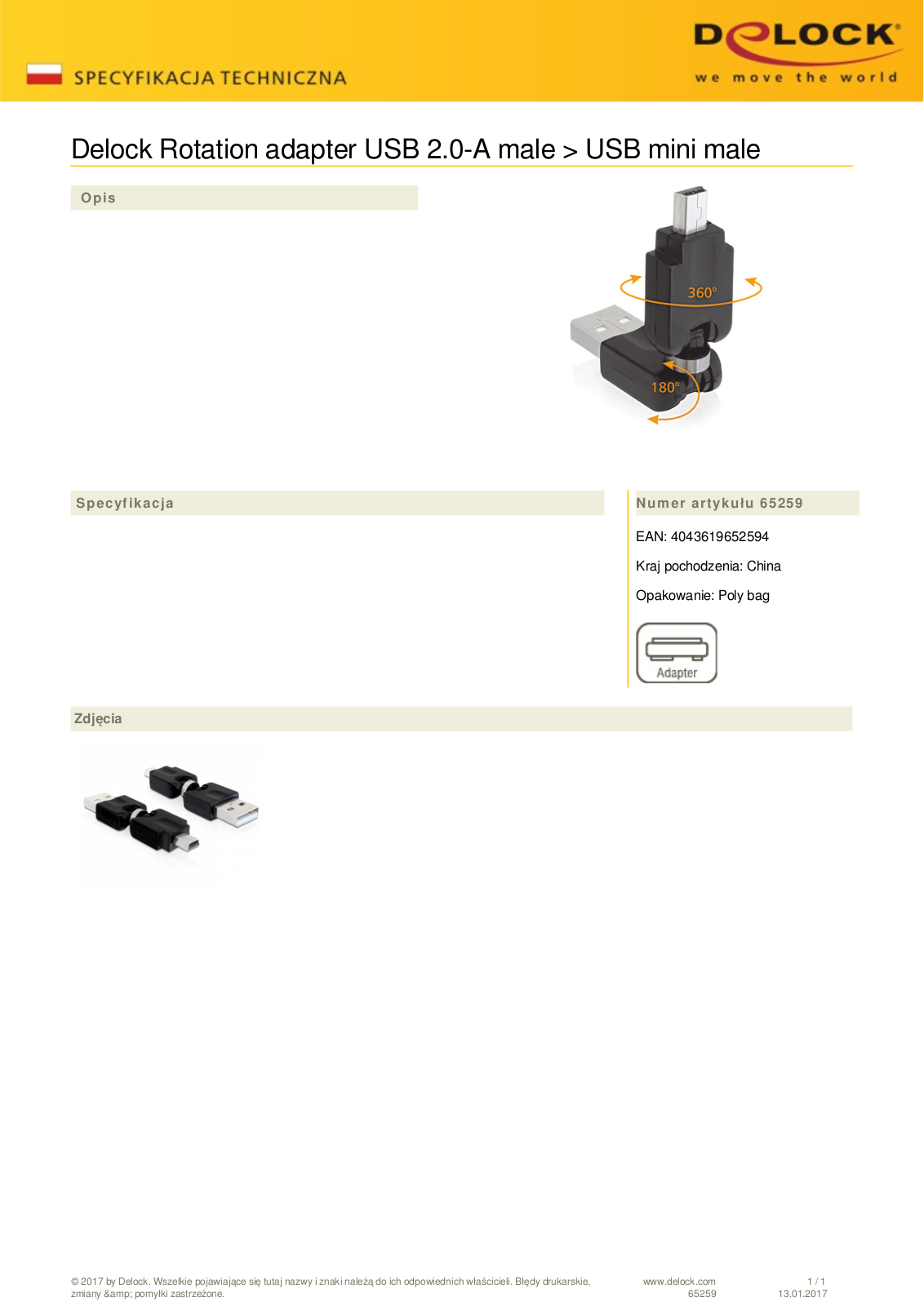 DeLOCK USB 2.0 adapter, USB-A  plug  on mini-B  plug , with swivel User Manual