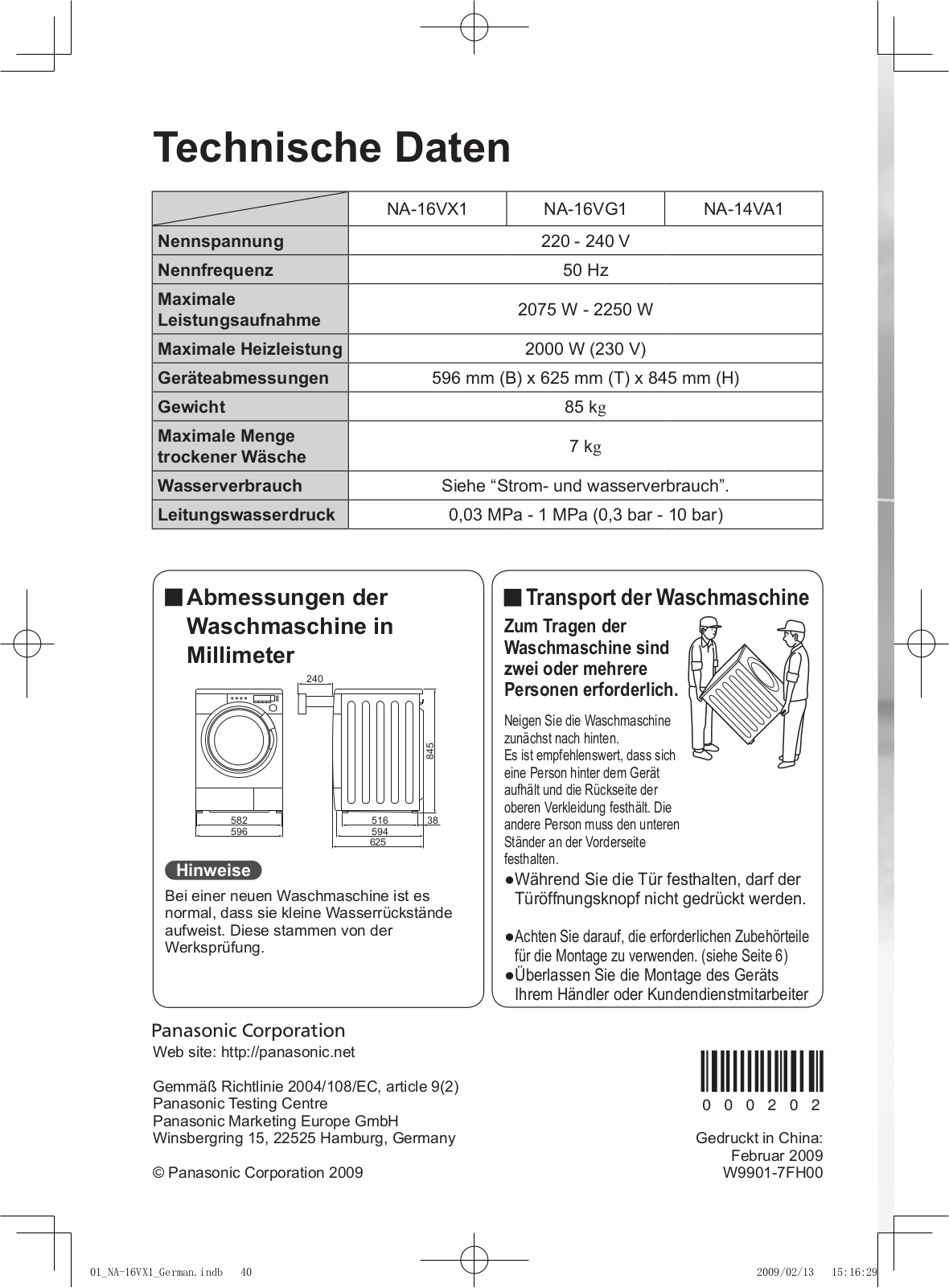 PANASONIC NA16VG1, NA16VX1, NA14VA1 User Manual