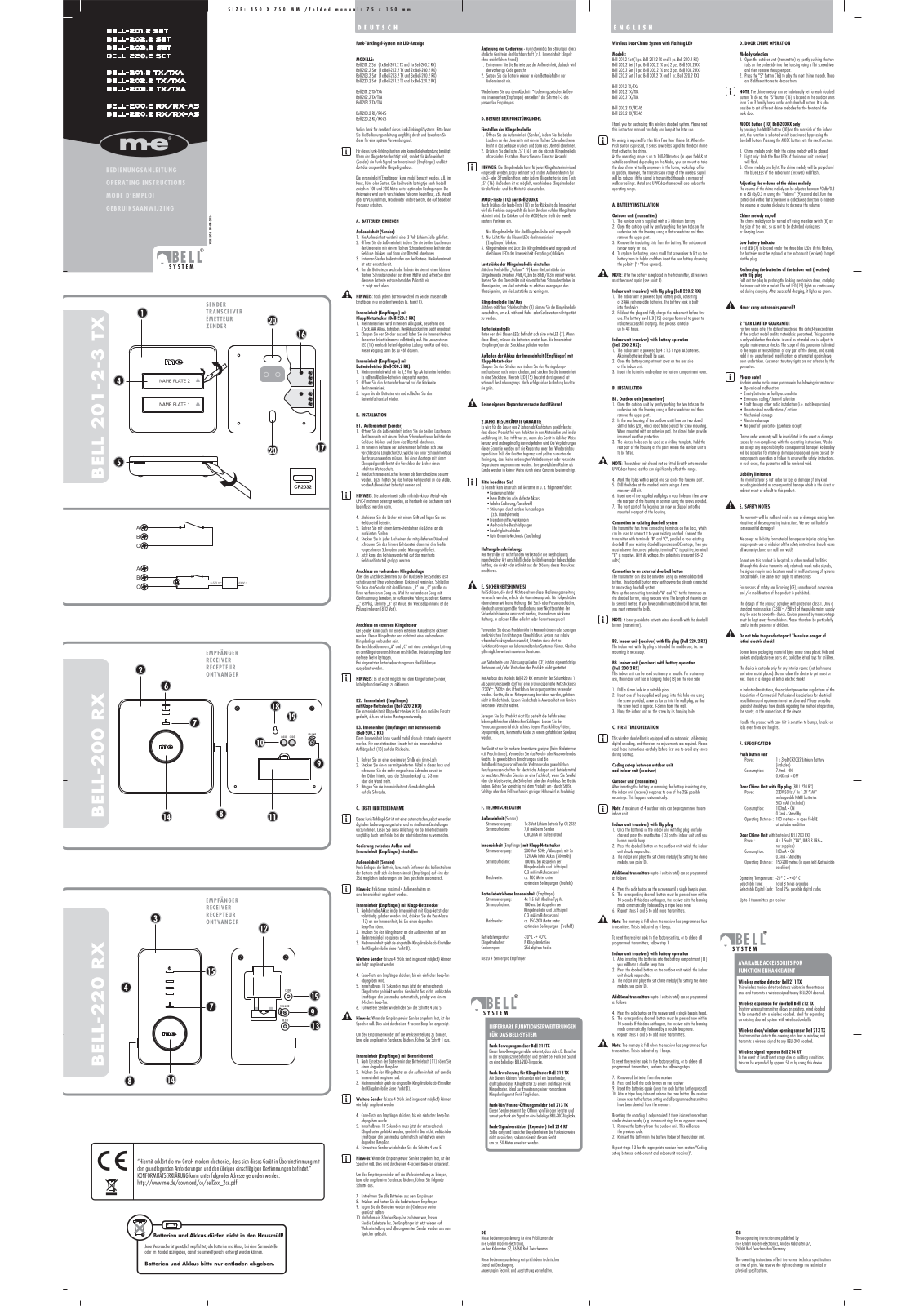 m-e modern-electronics Bell-201.2 Set, Bell-202.2 Set, Bell-203.2 Set, Bell-220.2 Set, Bell-201.2 TX Operating Instructions