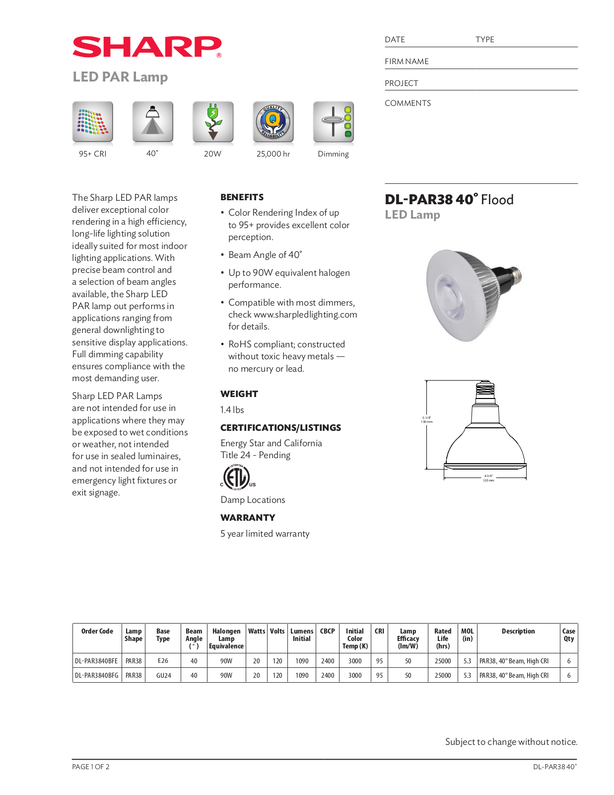 Sharp DL-PAR38 User Manual