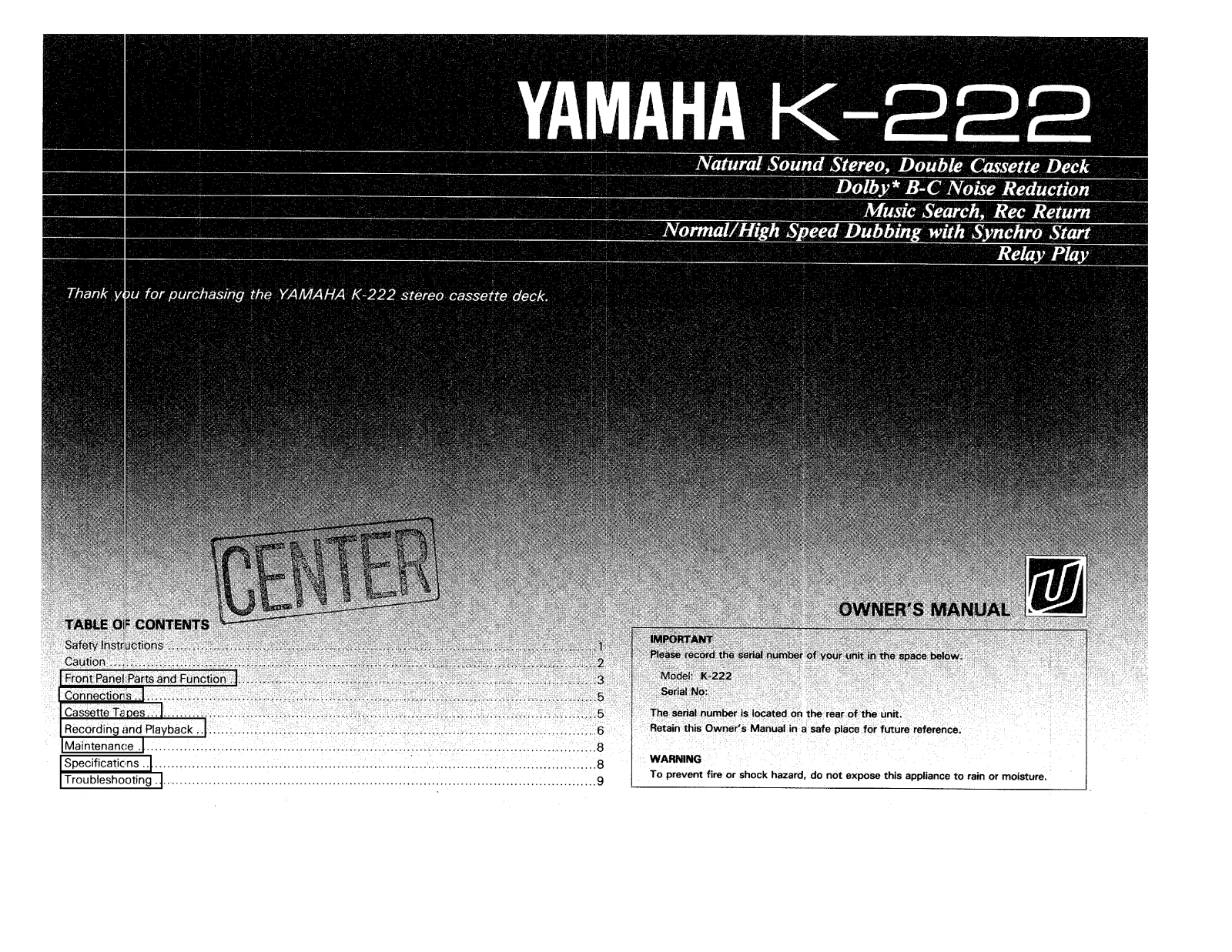 Yamaha K-222 Owner Manual