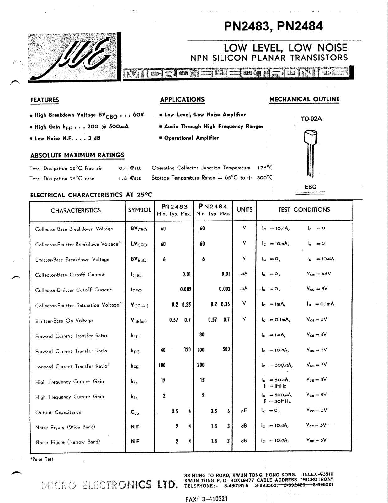 MICRO PN2483, PN2484 Datasheet