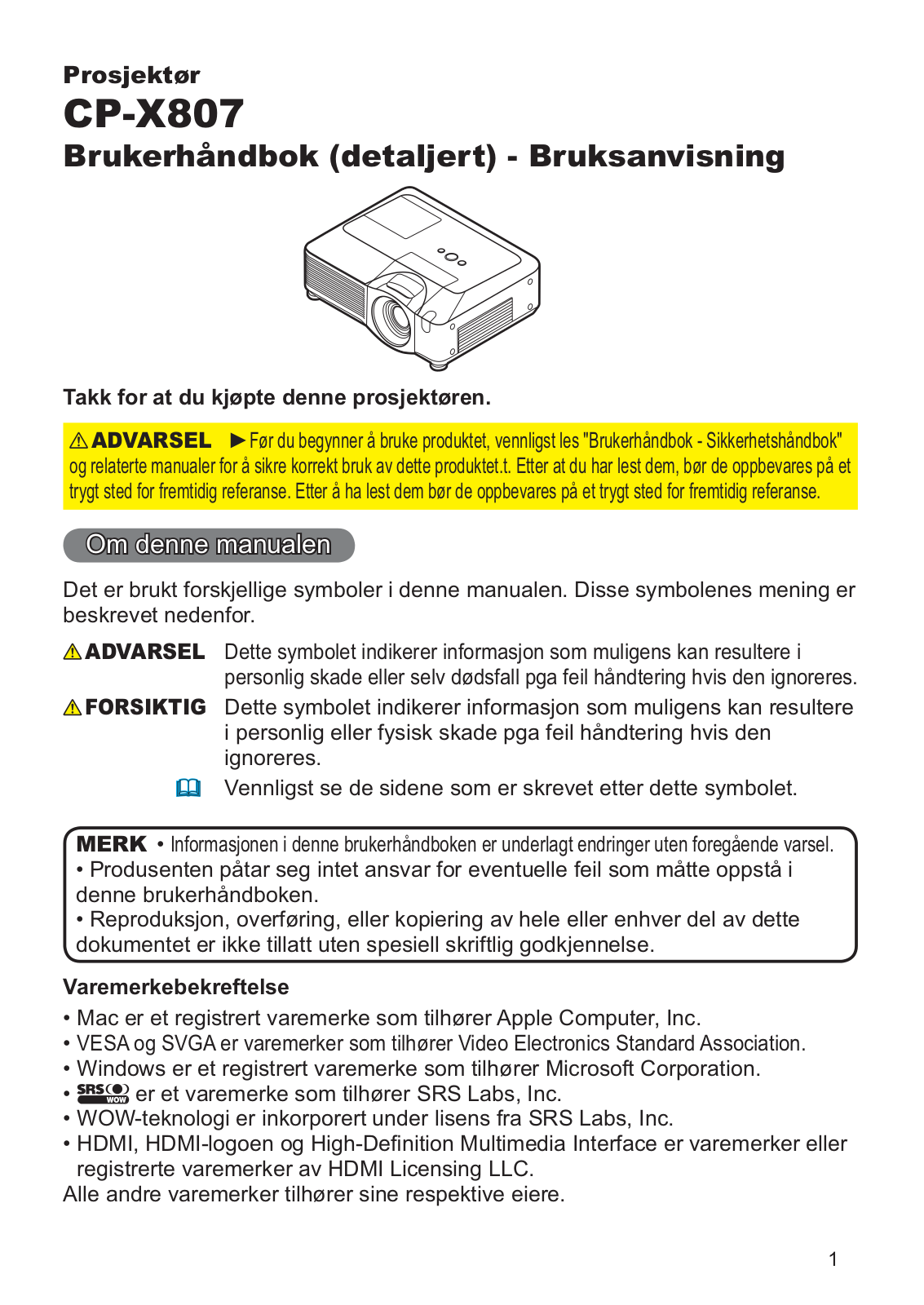 Hitachi CP-X807W User Manual