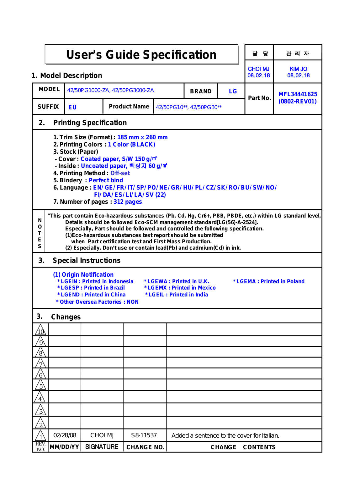 LG 42PG1000 User Manual