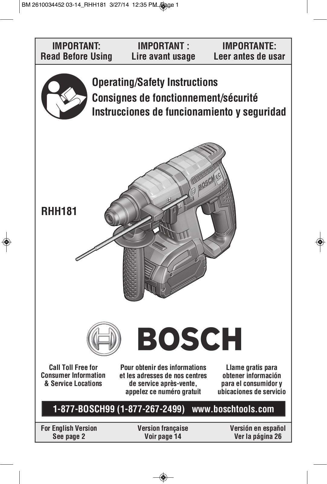 Bosch Power Tools RHH181BN, RHH181-01, RHH181BL User Manual