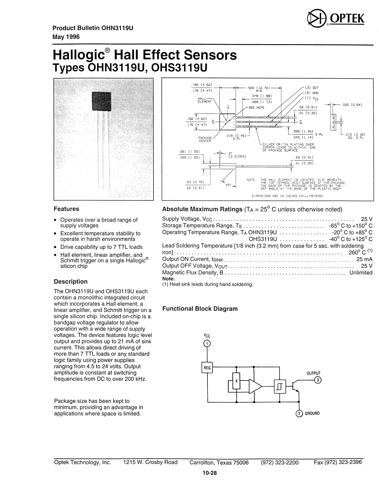 OPTEK OHN3119U, OHS3119U Datasheet