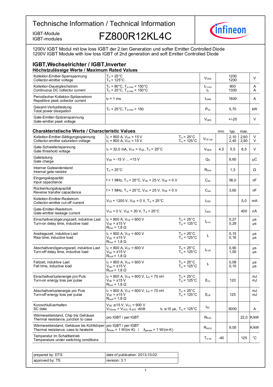 Infineon FZ800R12KL4 Data Sheet