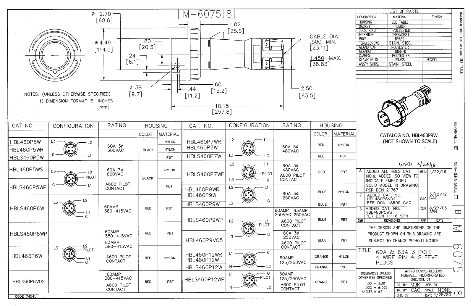 Hubbell HBL460P9W Reference Drawing