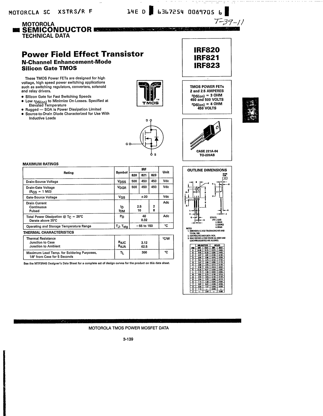 Motorola IRF823, IRF821, IRF820 Datasheet