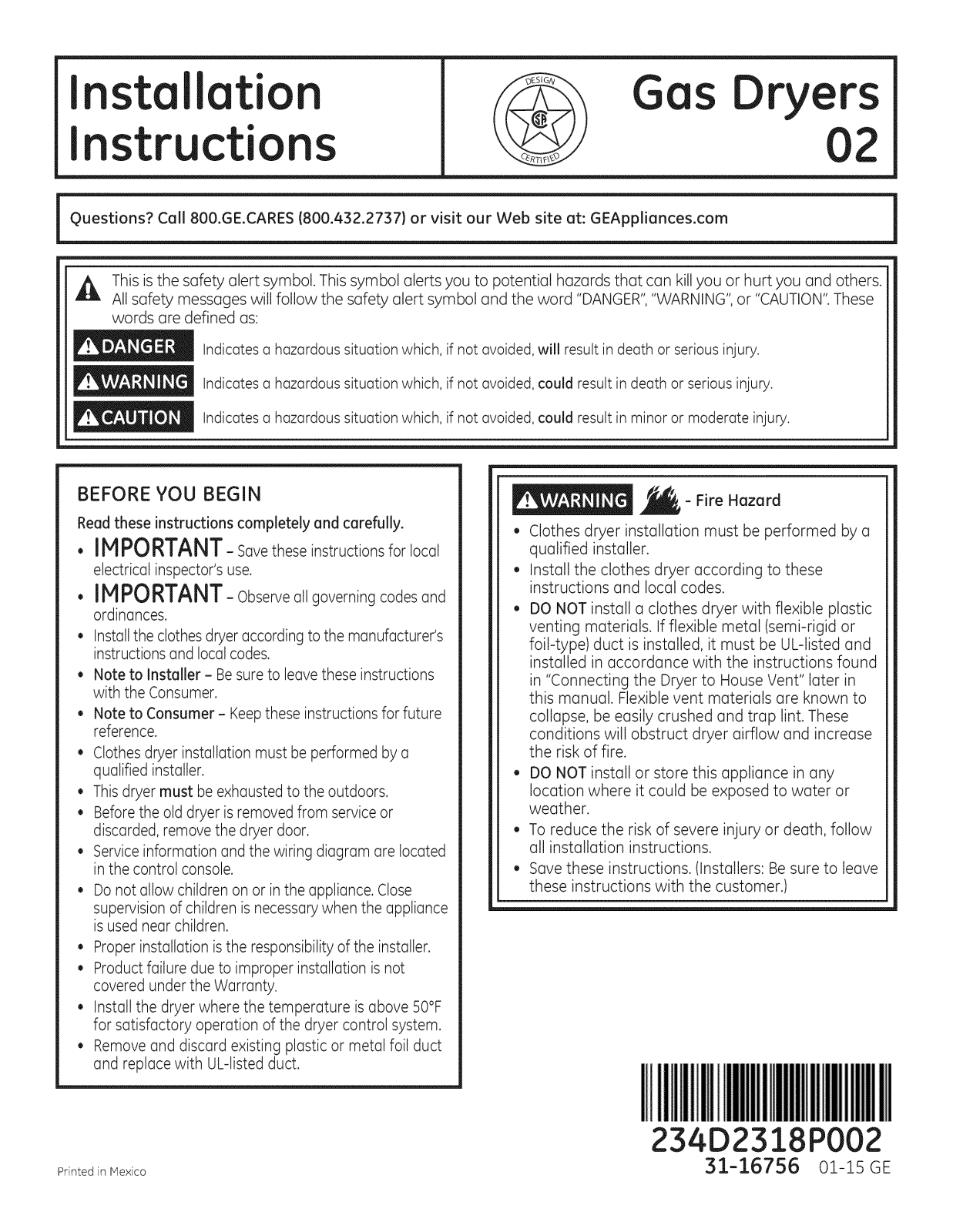 GE GTD45GASJ0WS, GTD65GBSJ0WS, GTD65GBSJ1WS Installation Guide