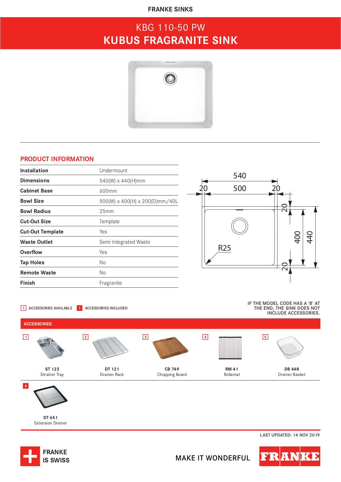 Franke KBG110-50-PW, KBG110-50-BPW Specifications Sheet