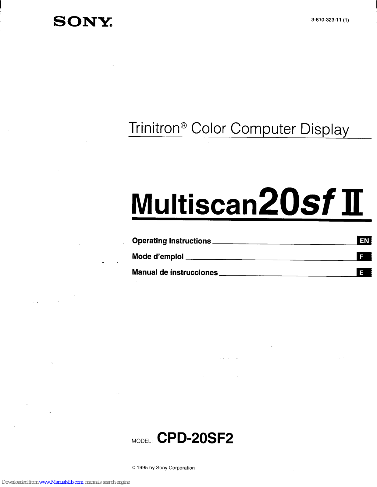 Sony Trinitron CPD-20SF2, Multiscan 20sf II Operating Instructions Manual