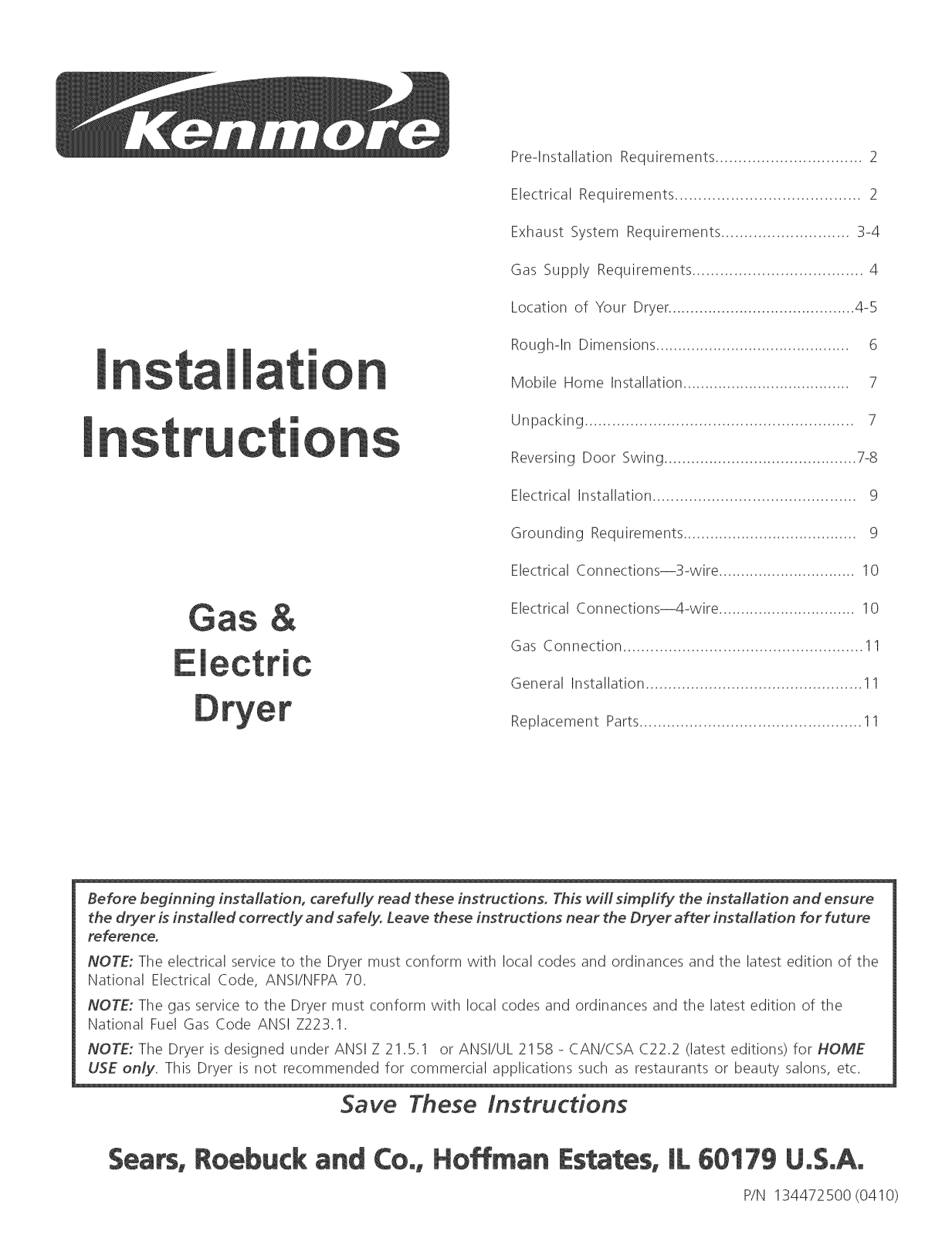 Kenmore 41784052500, 41784082500, 41784152500, 41784252500, 41794052500 Installation Guide - ManualMachine.com