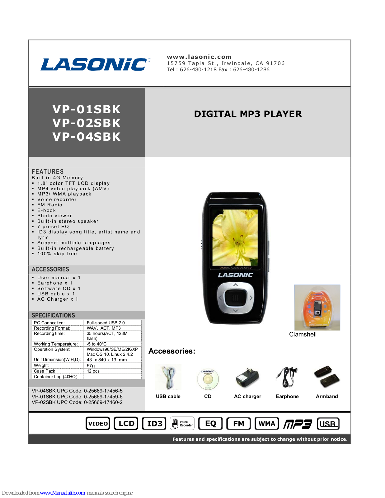 Lasonic VP-01SBK, VP-04SBK, VP-02SBK Specifications - ManualMachine.com