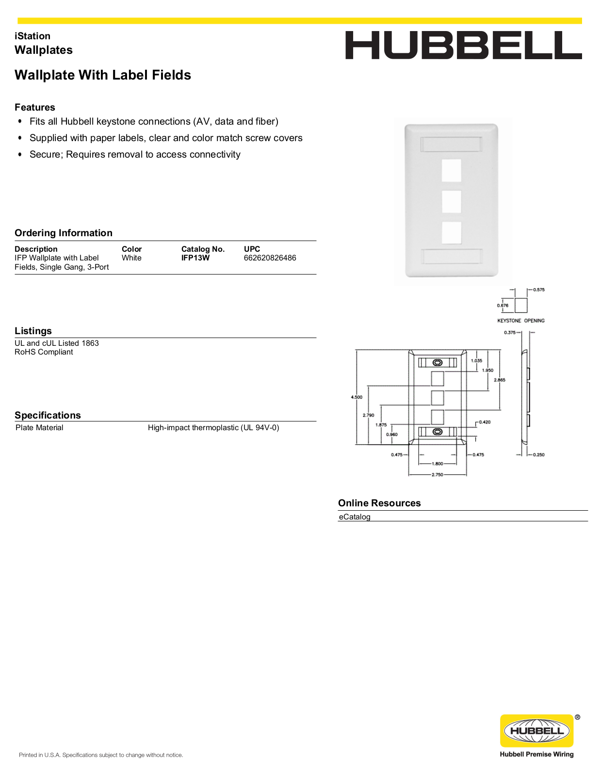 Hubbell IFP13W Specifications