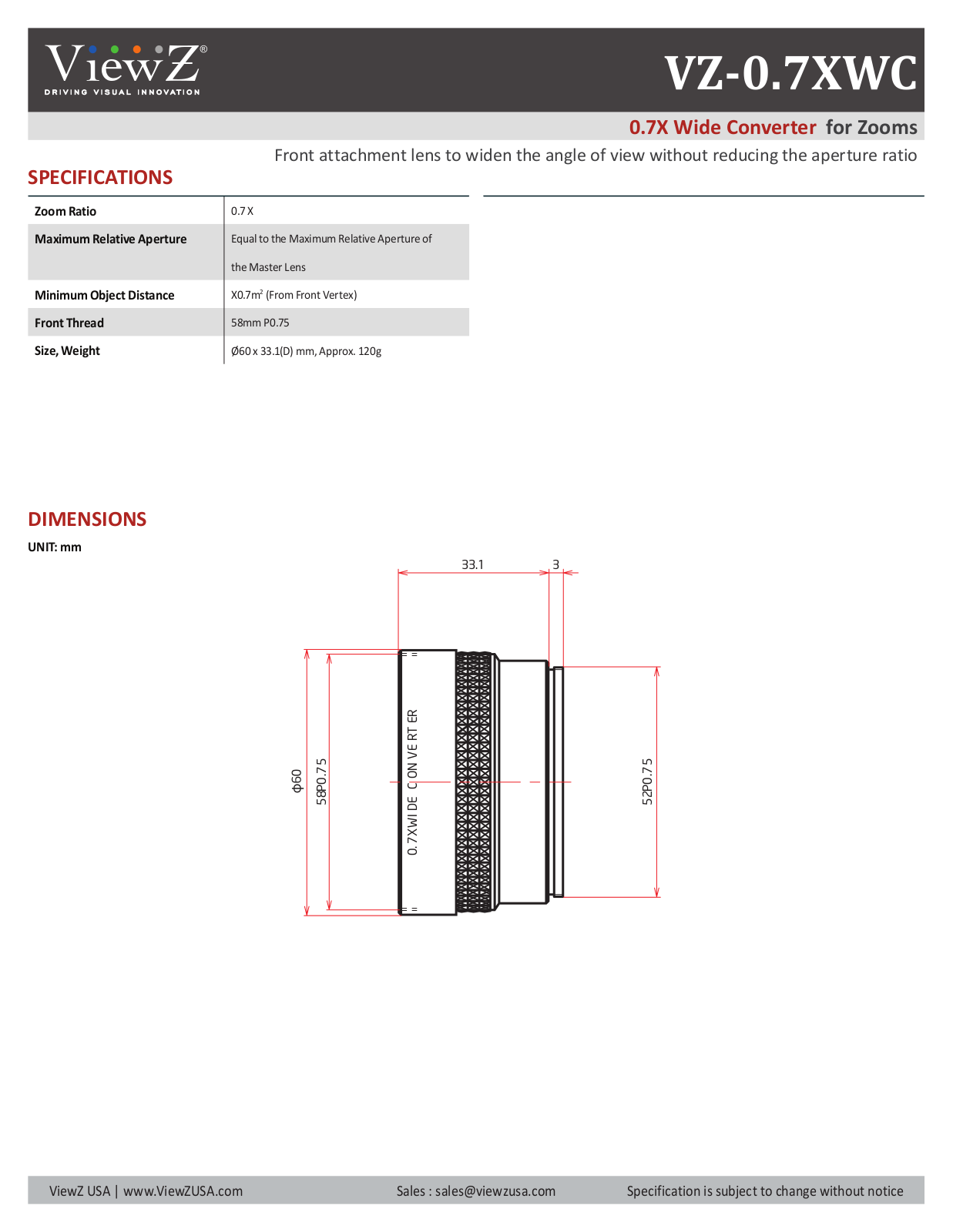 ViewZ VZ-0-7XWC Specsheet