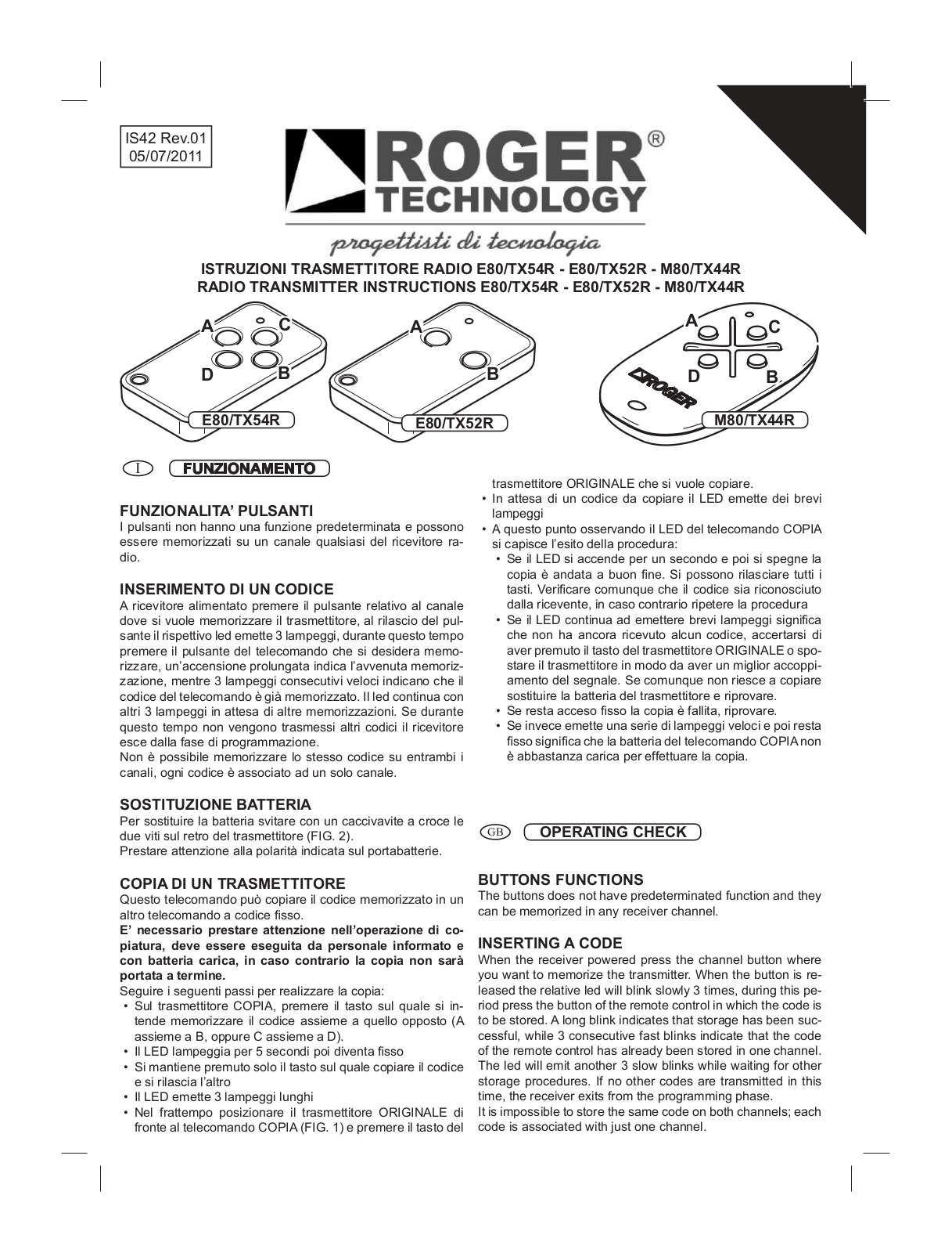 Roger Technology E80, M80 Installation Manual