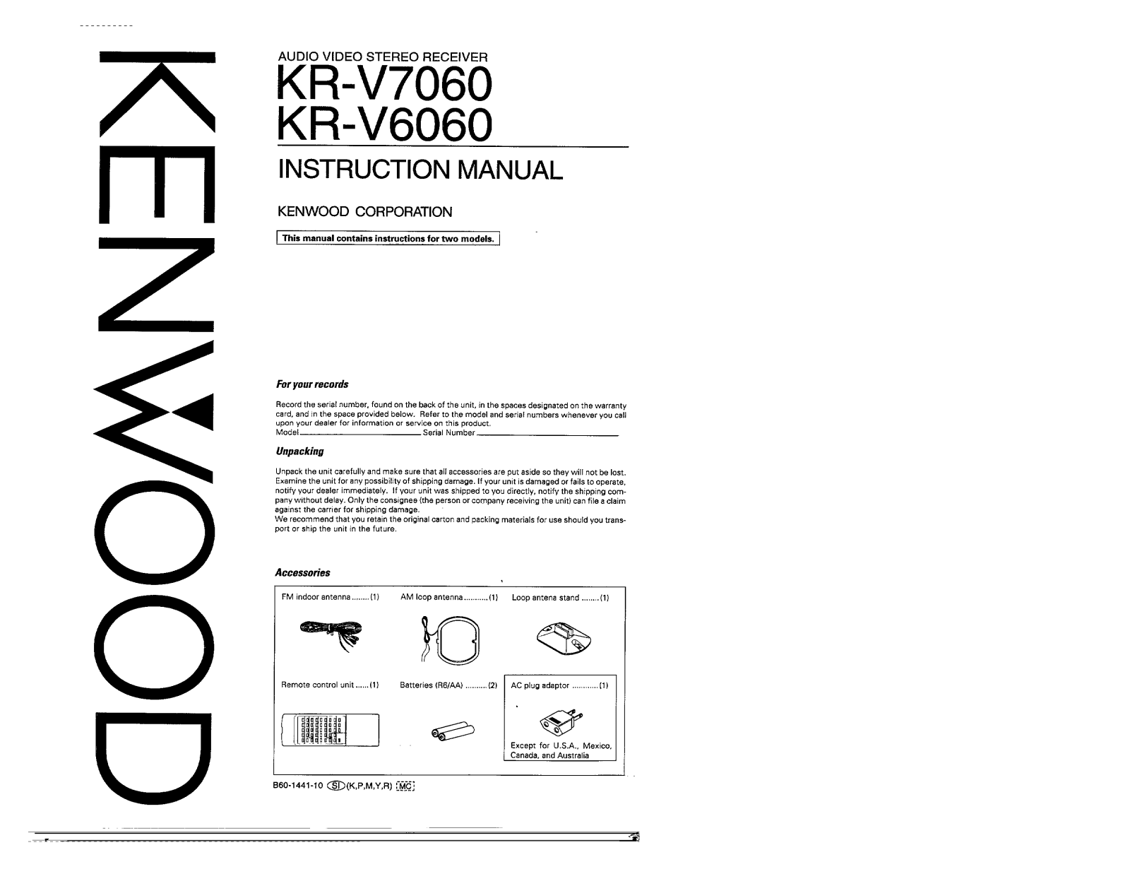 Kenwood KR-V7060, KR-V6060 Owner's Manual
