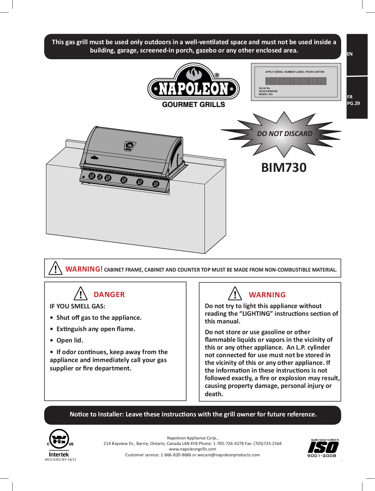 Napoleon Bim730, Bim730rbi Owner's Manual