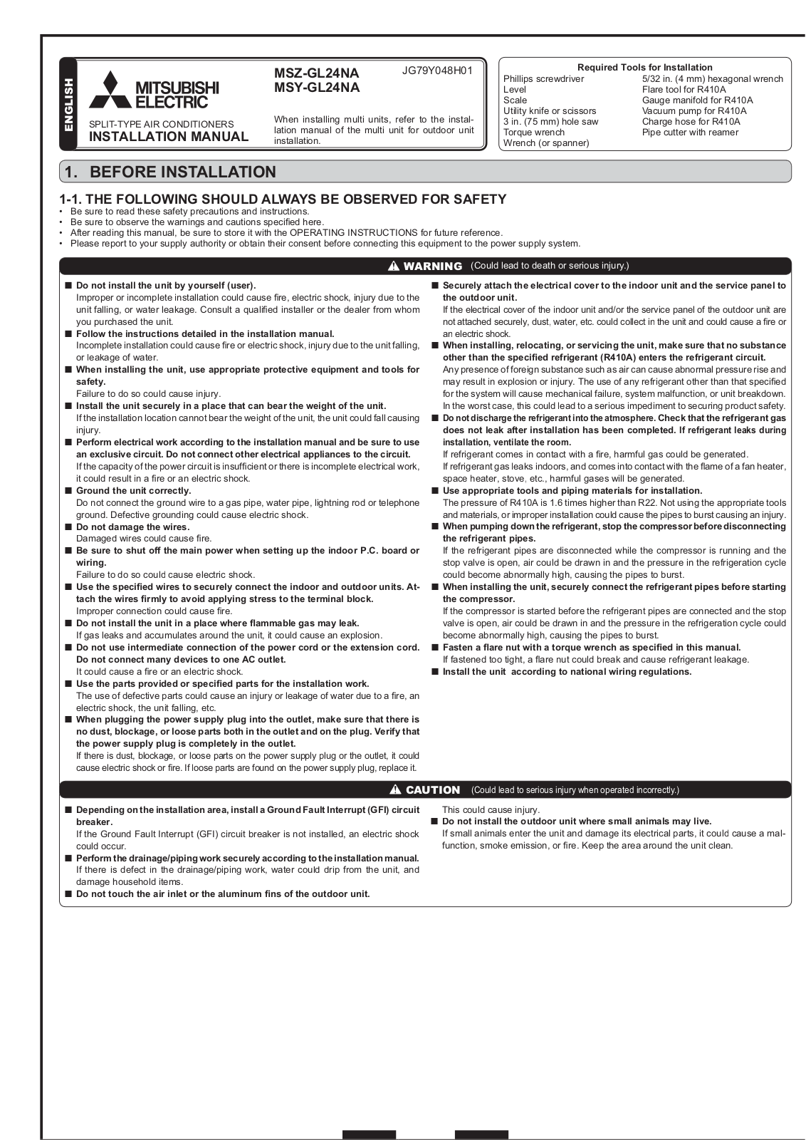 Mitsubishi MSY-GL24NA-U1 Installation Guide