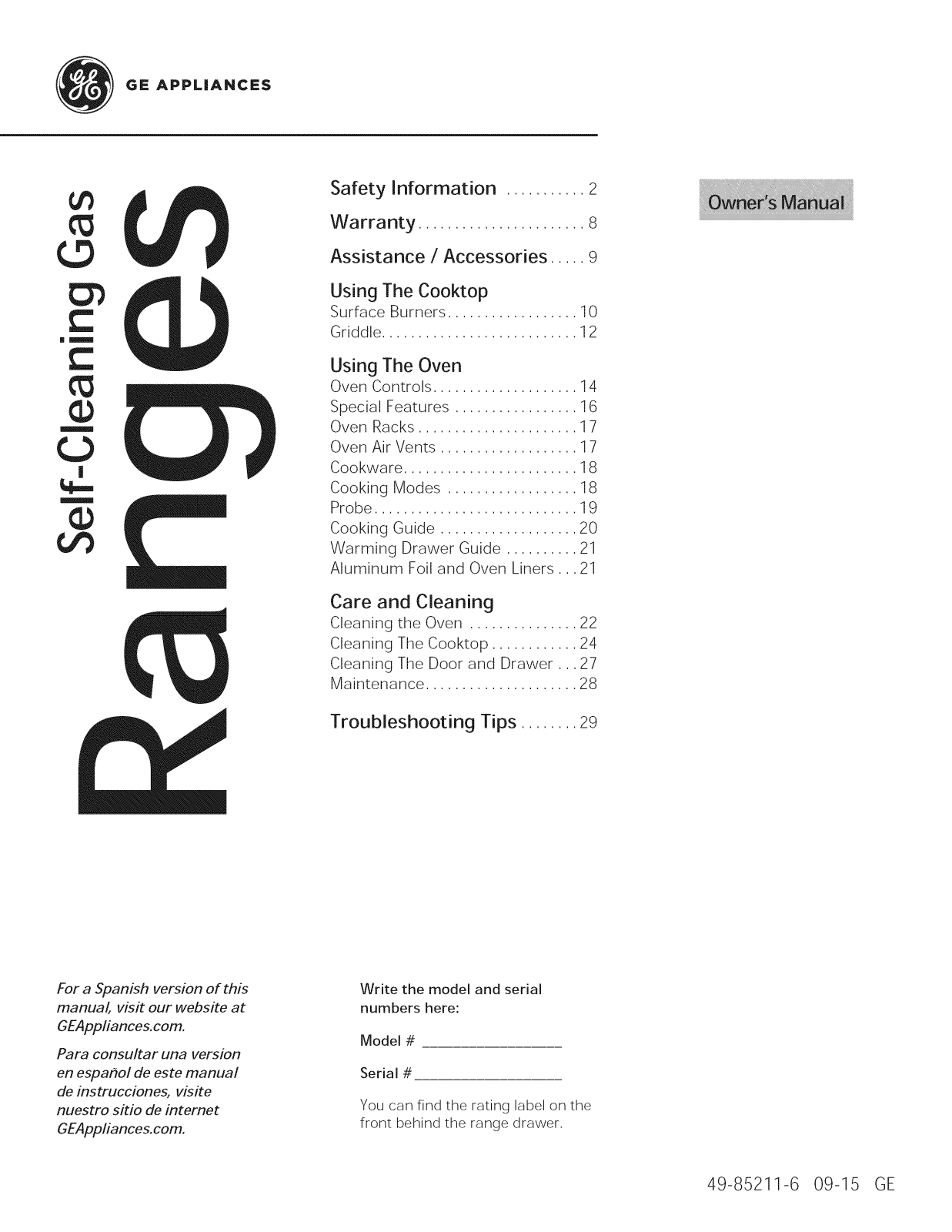 GE PGS920SEF5SS, PGS920SEF4SS, PGS920SEF3SS, PGS920SEF1SS, JGS750SEF6SS Owner’s Manual