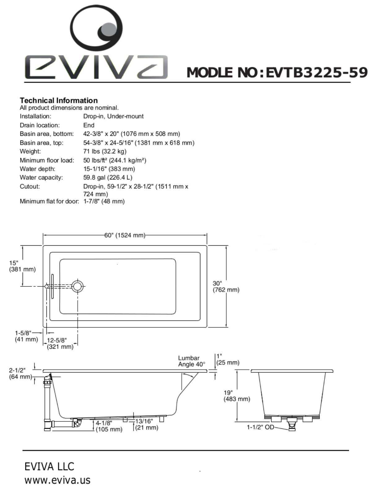 Eviva EVIE1491 Dimensions - ManualMachine.com