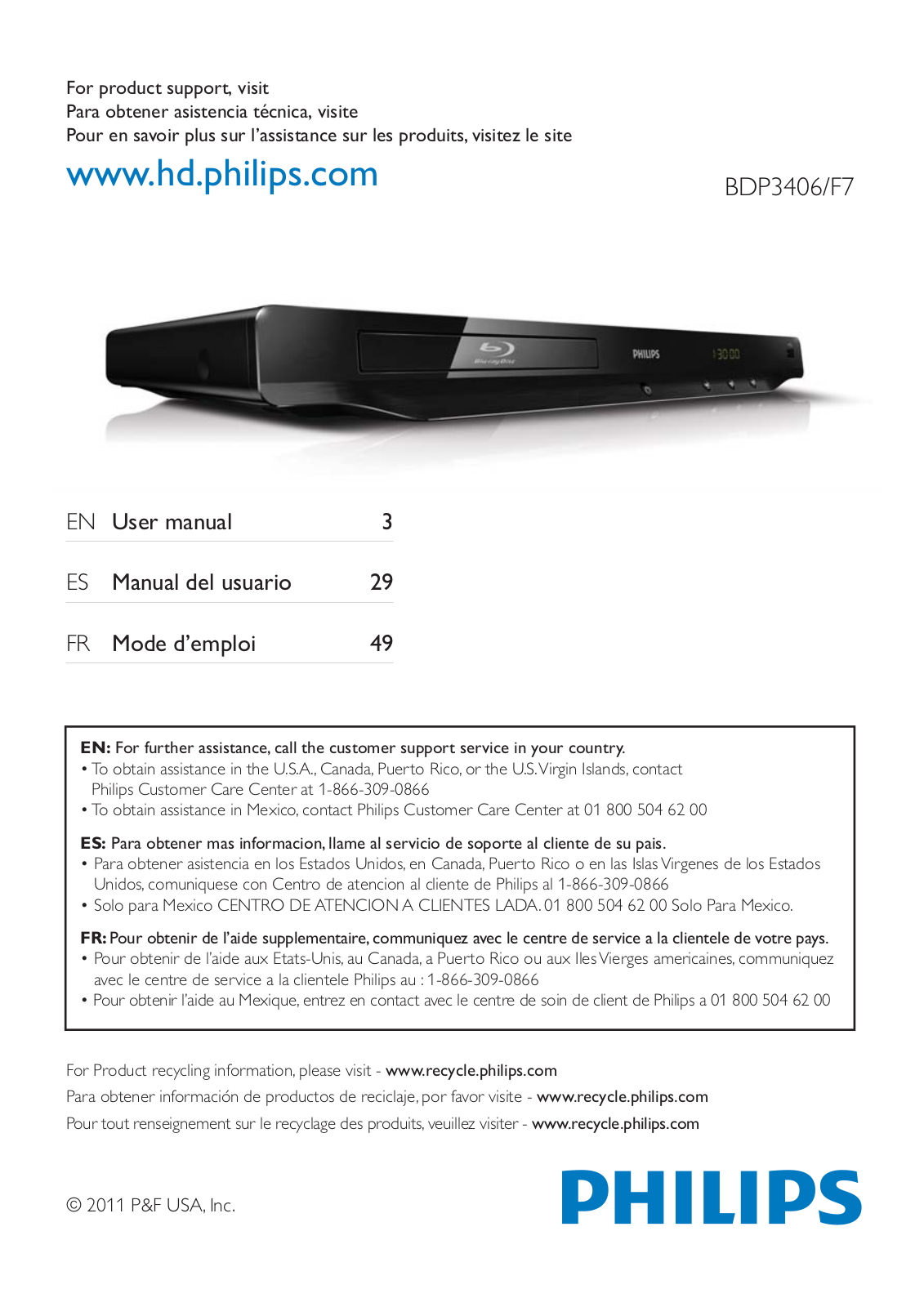 PHILIPS BDP3406, BDP3406M2 User Manual