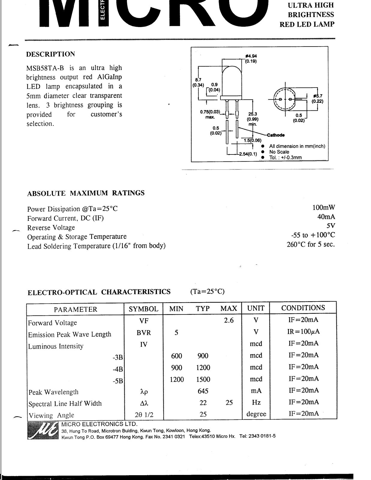 MICRO MSB58TA-3B, MSB58TA-4B, MSB58TA-5B Datasheet