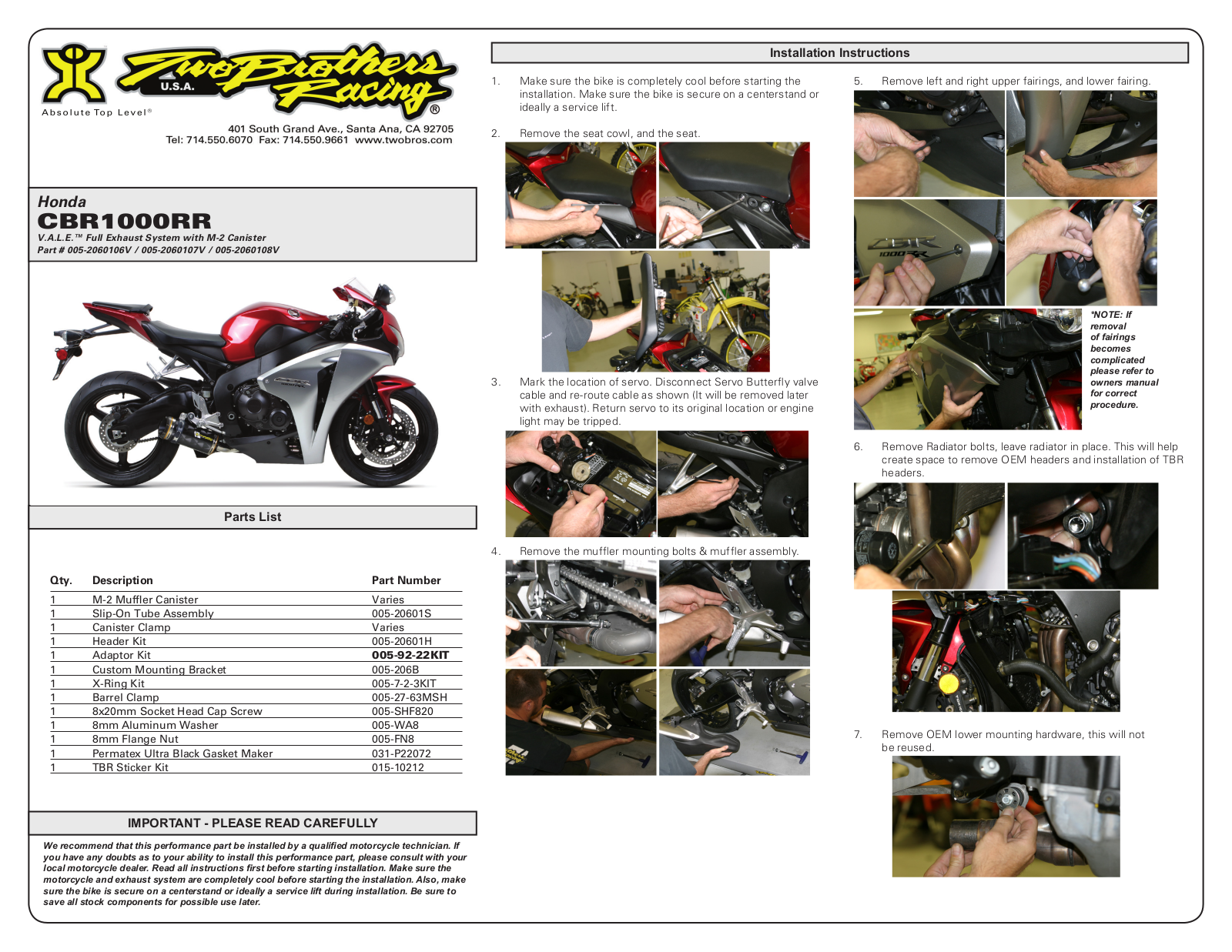 Two Brothers Racing CBR1000RR User Manual