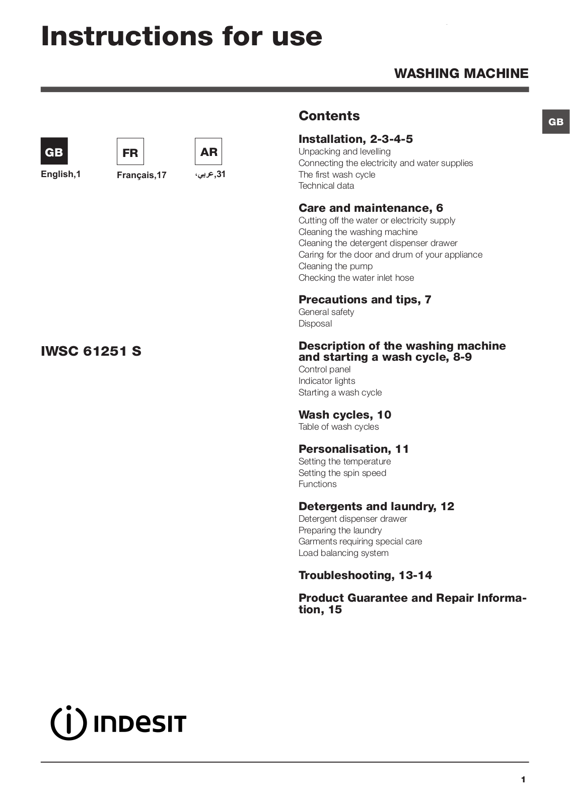 INDESIT IWSC 61251 S ECO UK User Manual