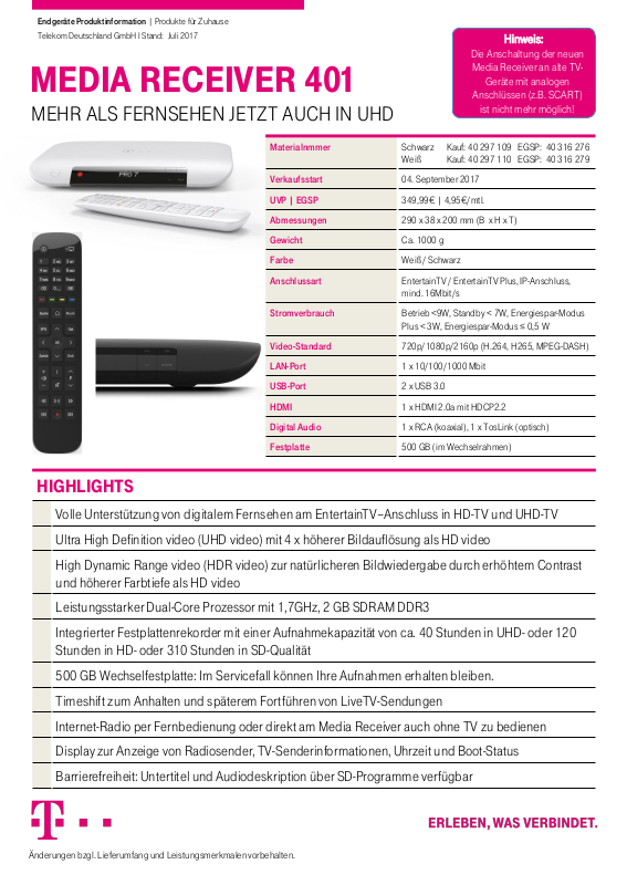 Media Receiver 401 Typ B Bedienungsanleitung
