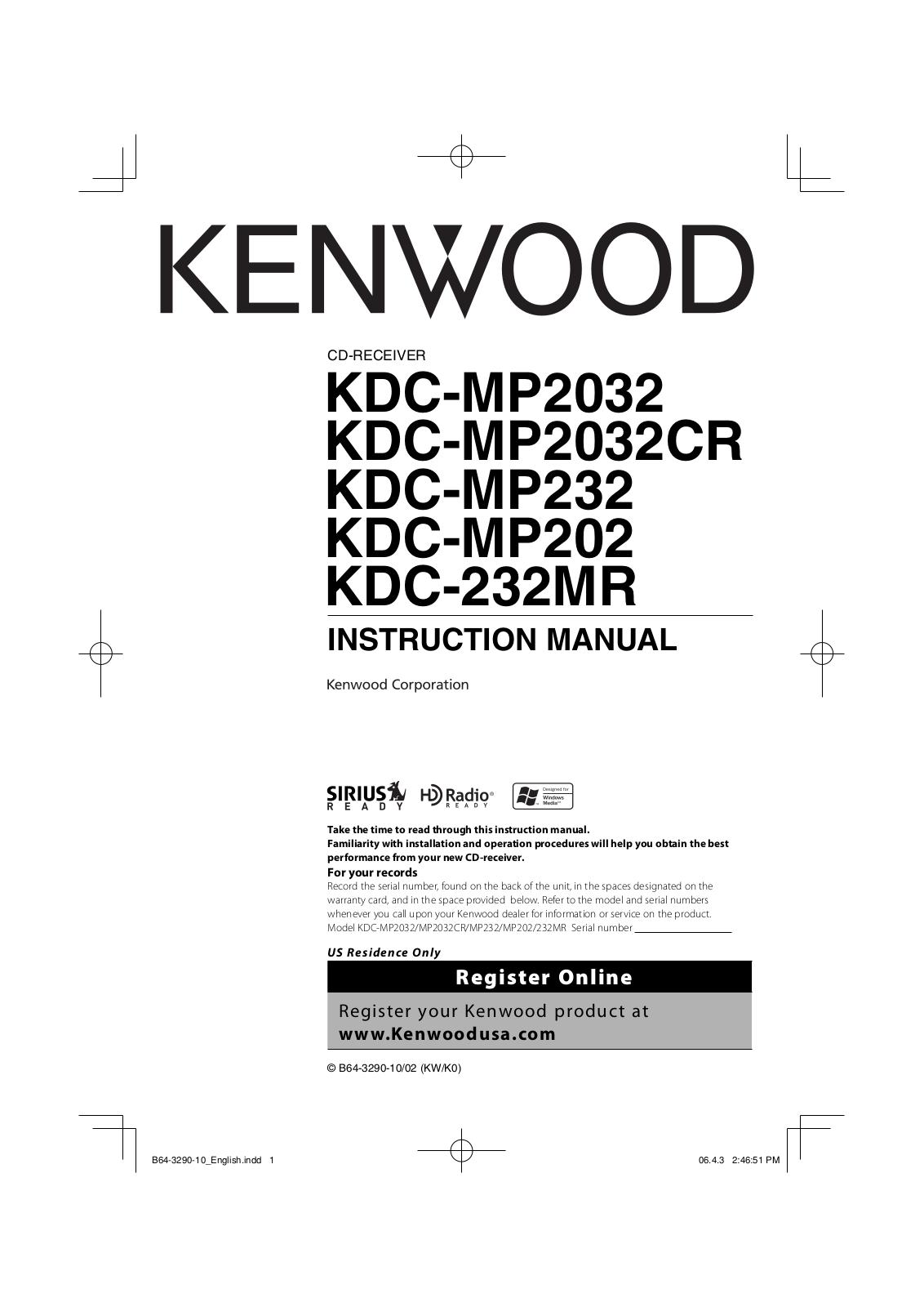 Kenwood KDC-232MR, KDC-MP202, KDC-MP2032, KDC-MP2032CR, KDC-MP232 User Manual