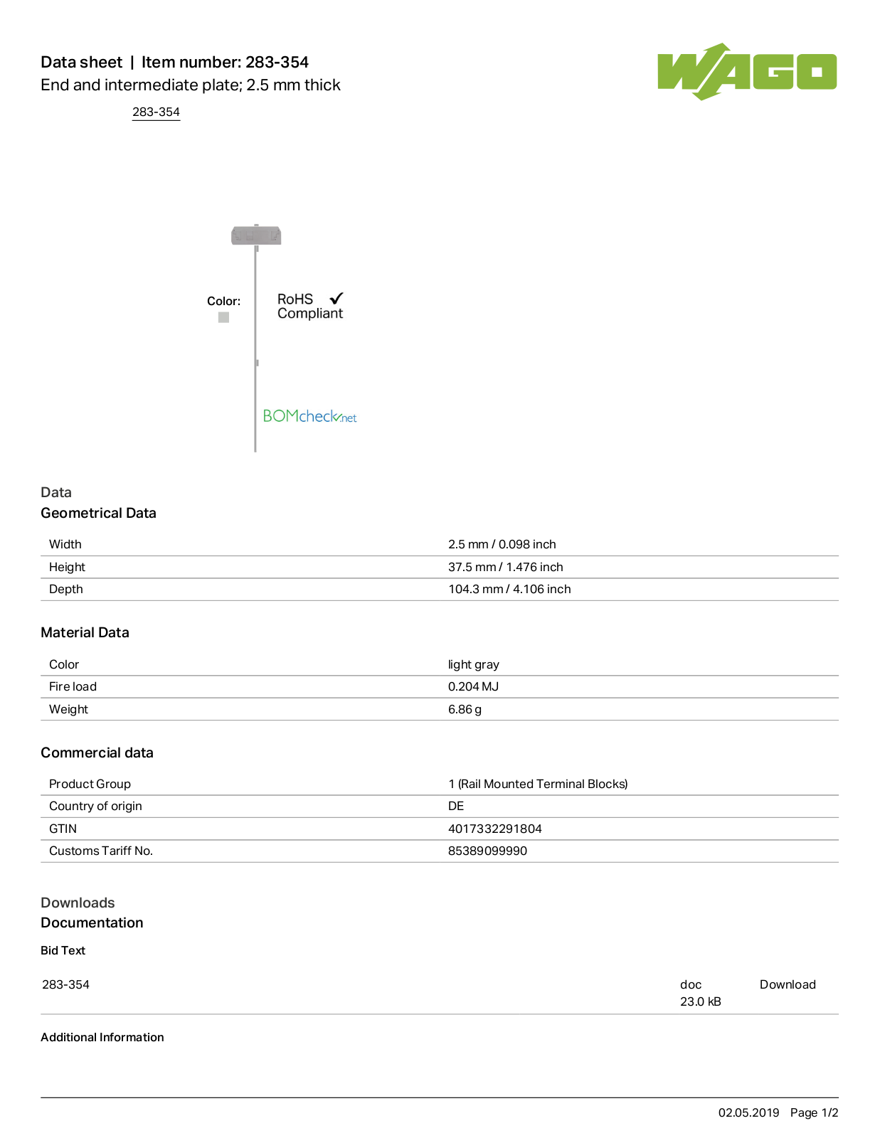 Wago 283-354 Data Sheet