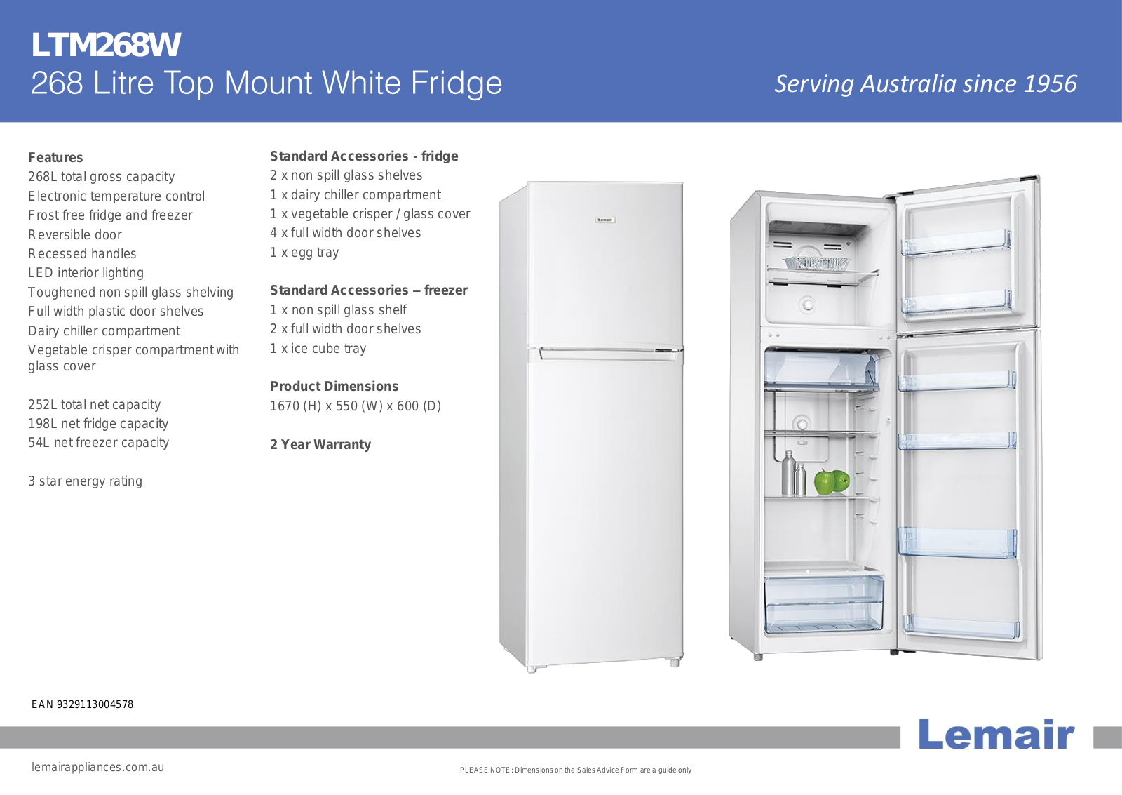 Lemair LTM268W Specifications Sheet - ManualMachine.com