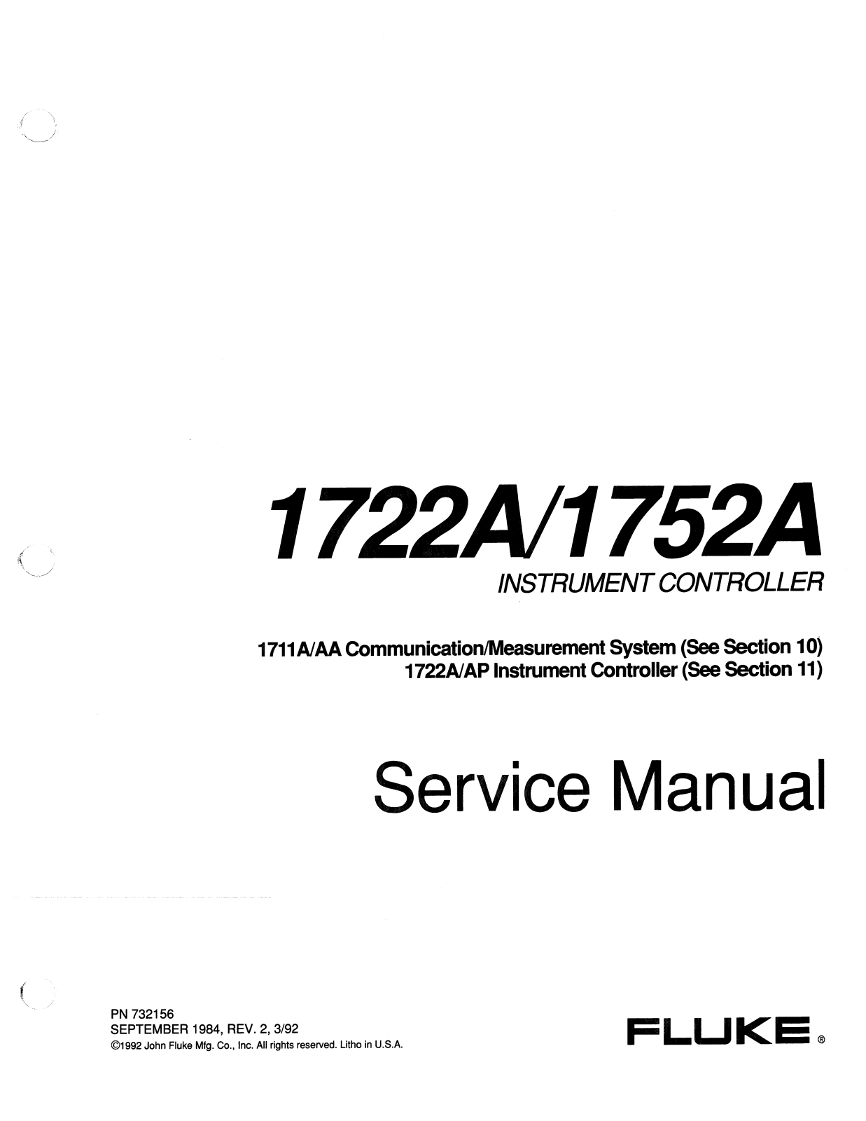 Fluke 1722AP, 1711AA, 1711A, 1752A, 1722A Service Manual