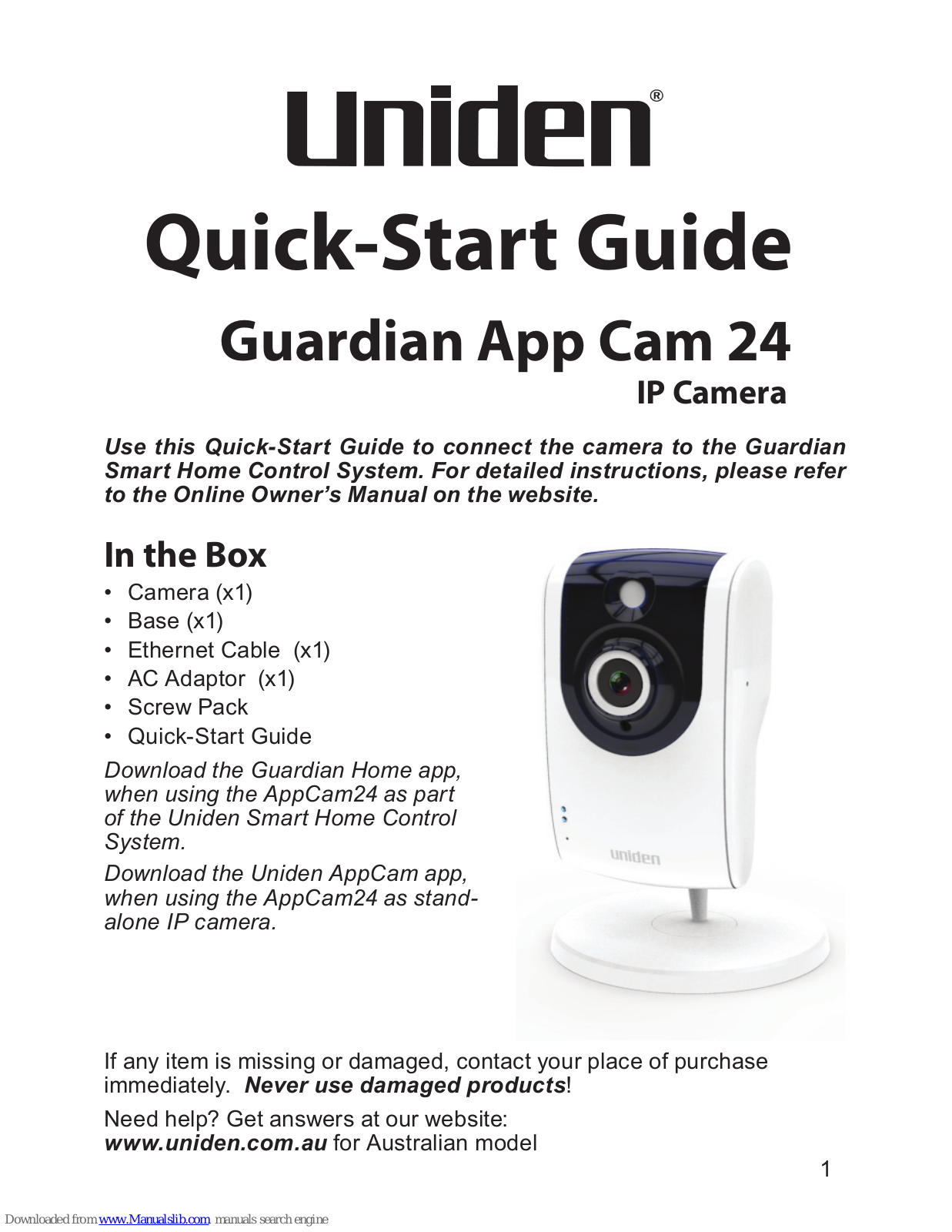 Uniden Guardian App Cam 24 Quick Start Manual