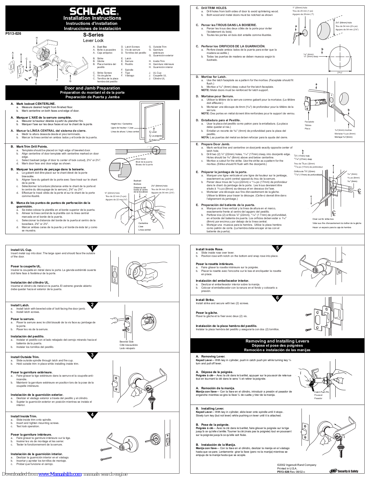 Schlage P513-026,S-Series Installation Instructions Manual