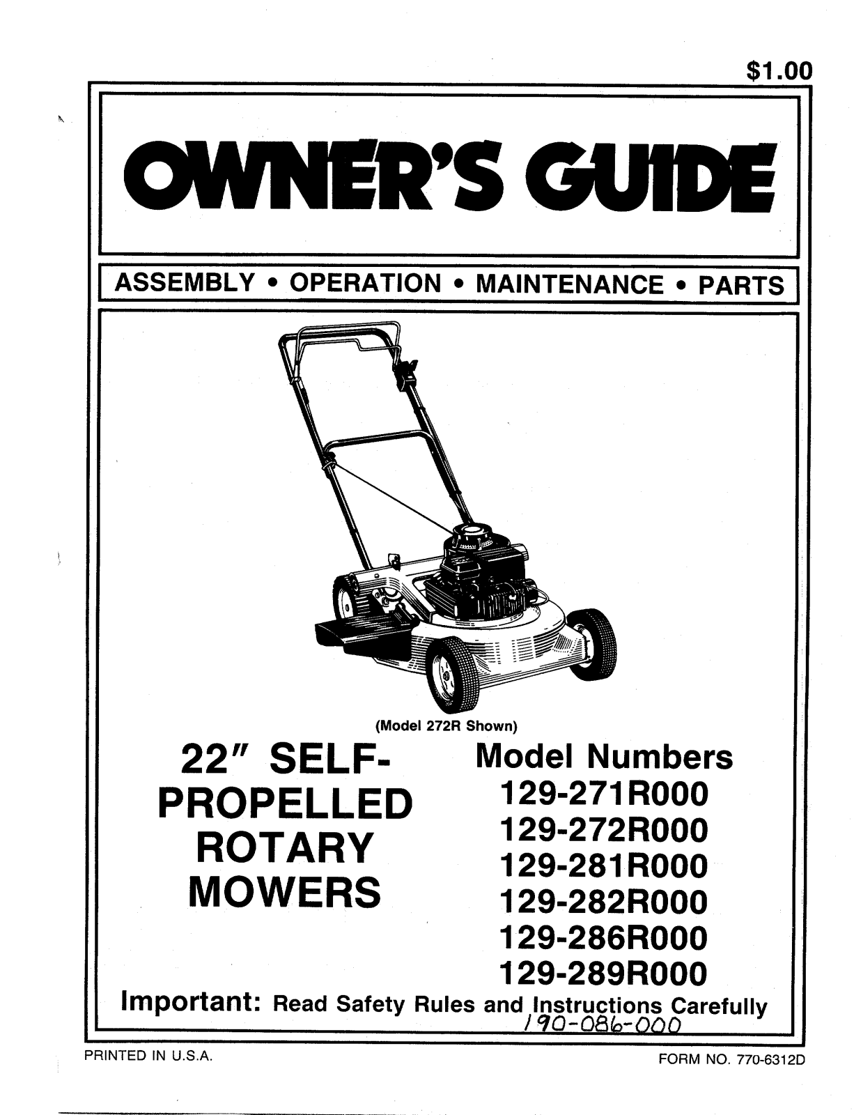 MTD 129-282R000, 129-271R000, 129-281R000, 129-272R000, 129-289R000 User Manual