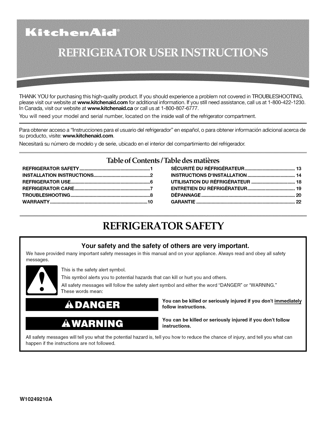 KitchenAid K2TREFFWBL00, K9TREFFWWH00, K9TREFFWMS00, K9TREFFWBL00, K2TREFFWWH00 Owner’s Manual