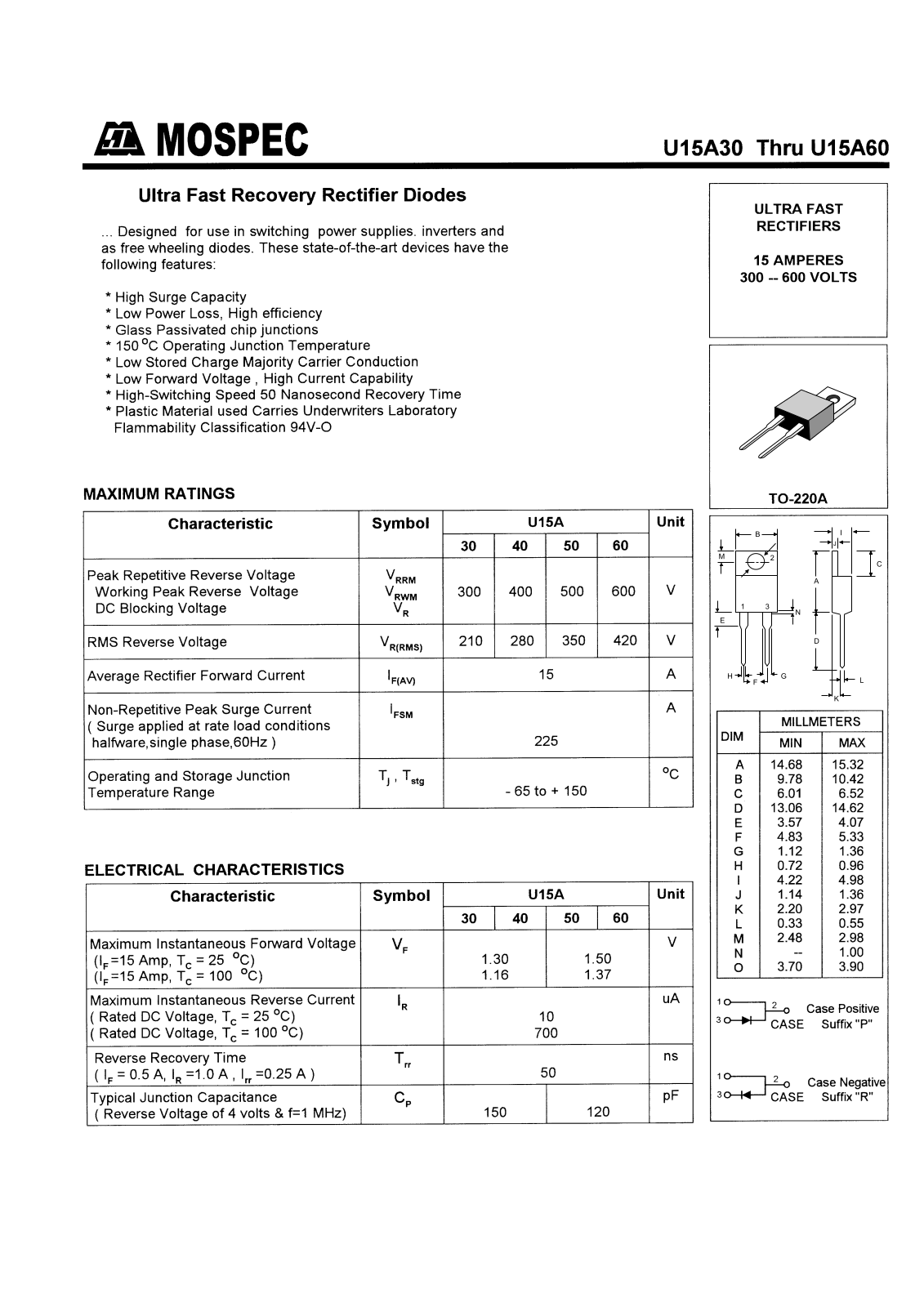 MOSPEC U15A30, U15A60, U15A50, U15A40 Datasheet