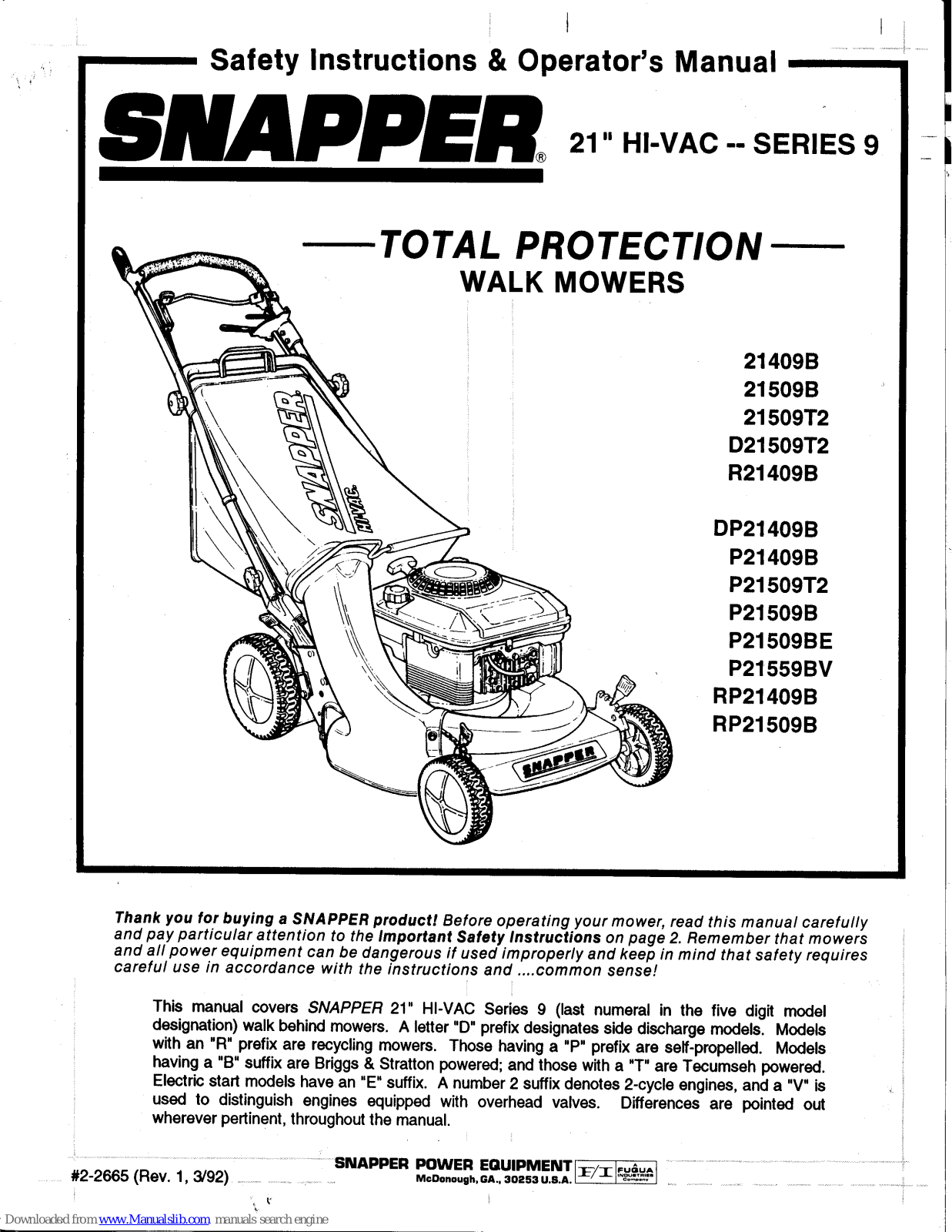 Snapper 21409B,21509T2,21509B,DP21409B,D21509T2,P21409B,P21509B,P21509BE,P21509T2,P21559BV,R21409B,RP21409BV,RP21509BV,RP21409B,RP21509B Safety Instruction & Operatorrs Manual