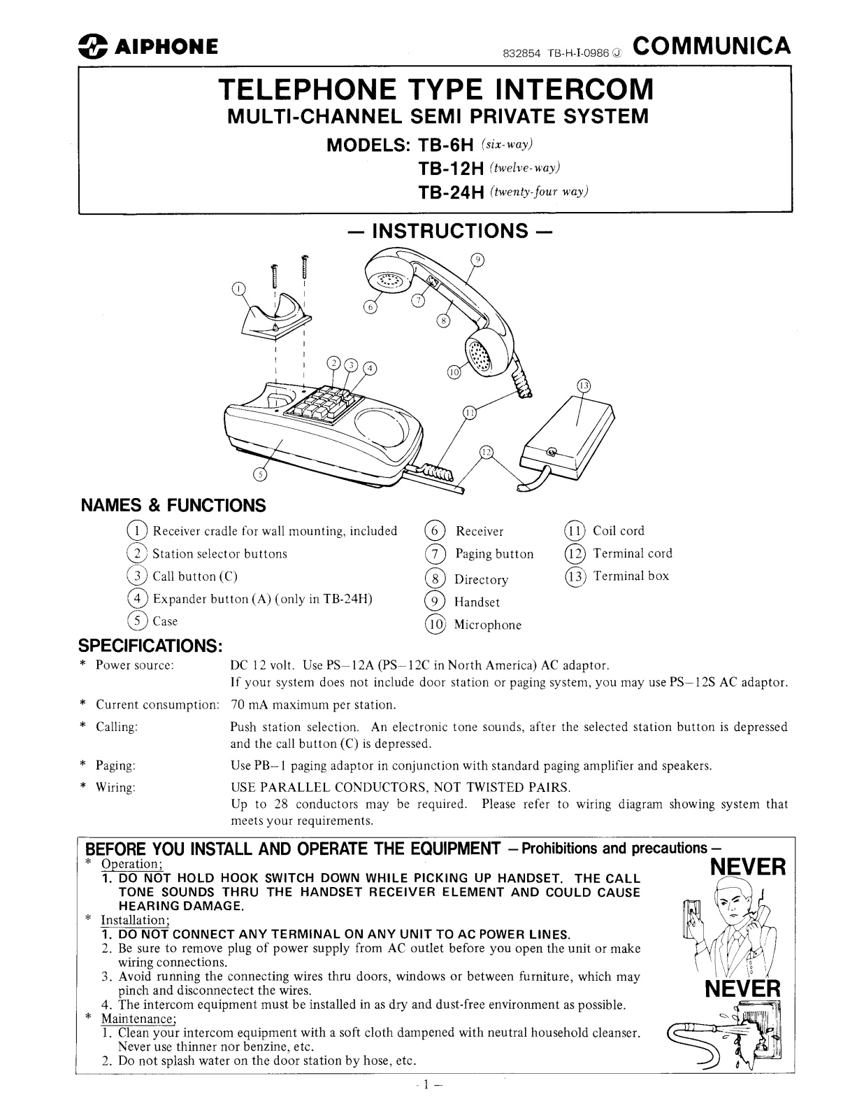 Aiphone TB-6H, TB-12H, TB-24H Instruction