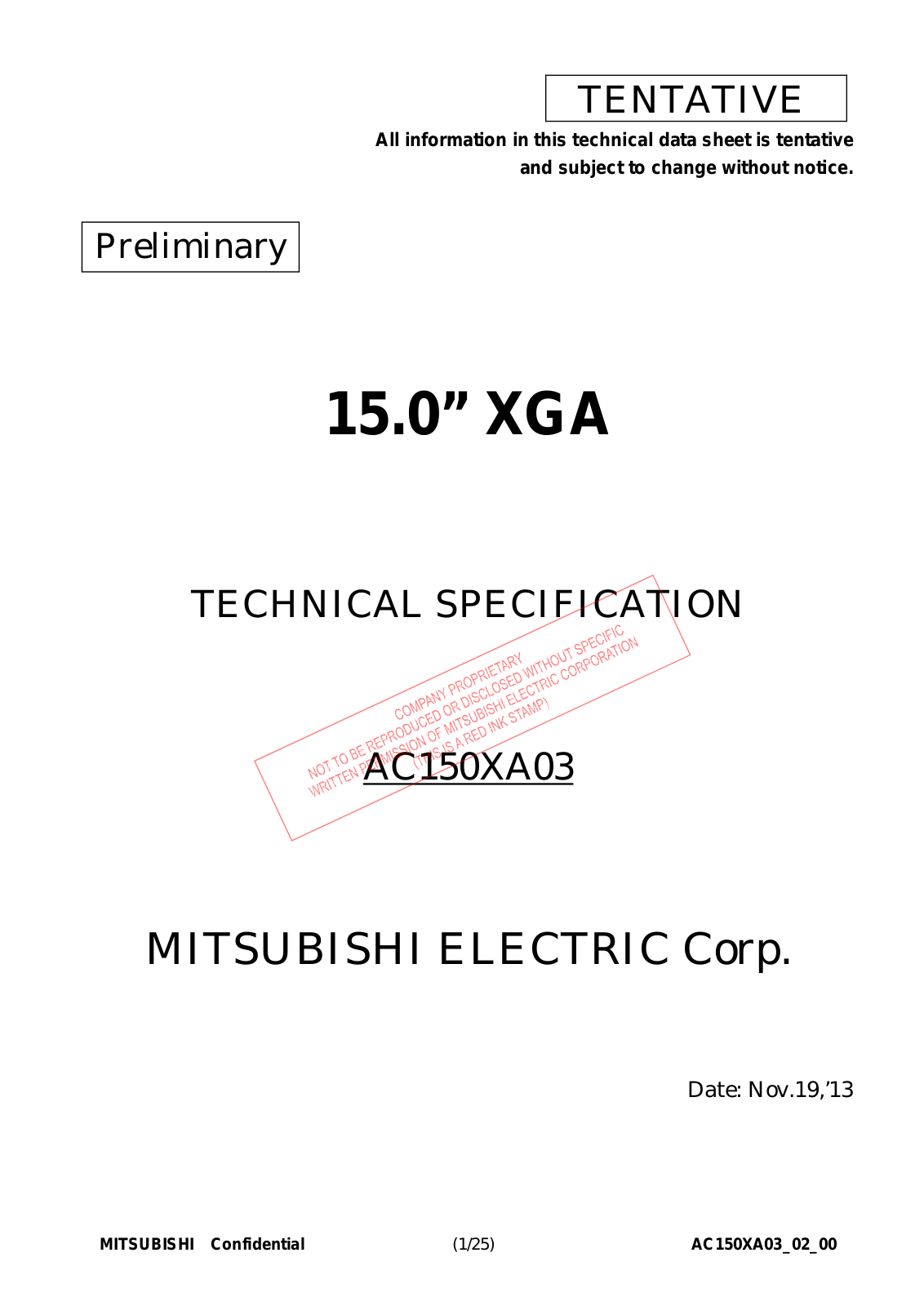 Mitsubishi AC150XA03 Specification