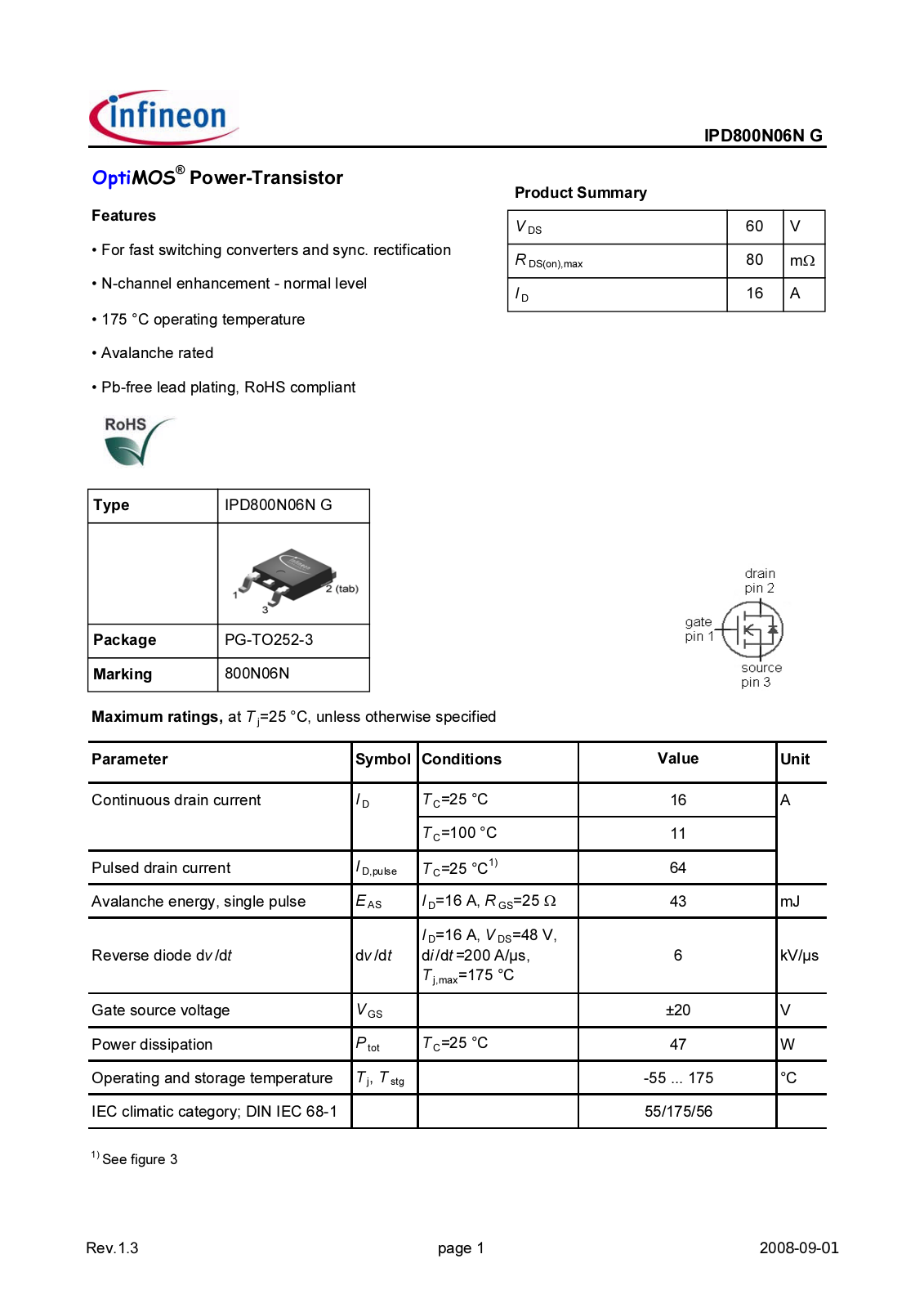 Datasheet ipd800n06n_g_rev1.3 Datasheet - ManualMachine.com